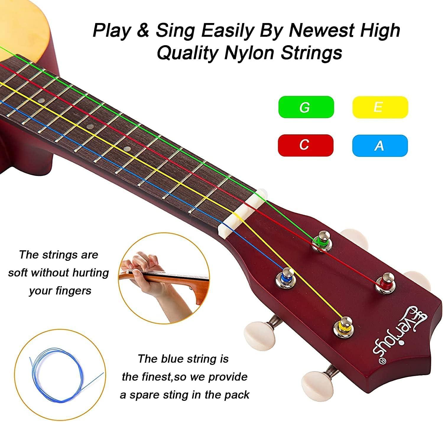 Everjoys Soprano Ukulele Beginner Pack-21 Inch w/Rainbow String Free Online Lesson Gig Bag Digital Tuner Pick All in One Kit - Image 3