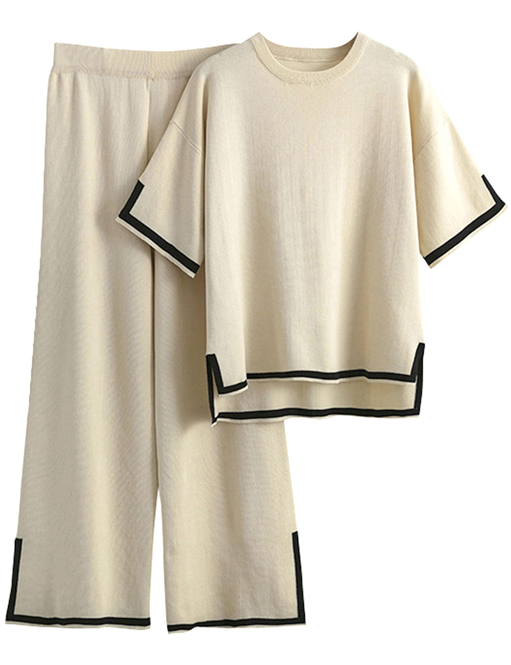 Tanming Sweater Sets Women 2 Piece Lounge Sets Short Sleeve Knit Pullover Tops Wide Leg Pants