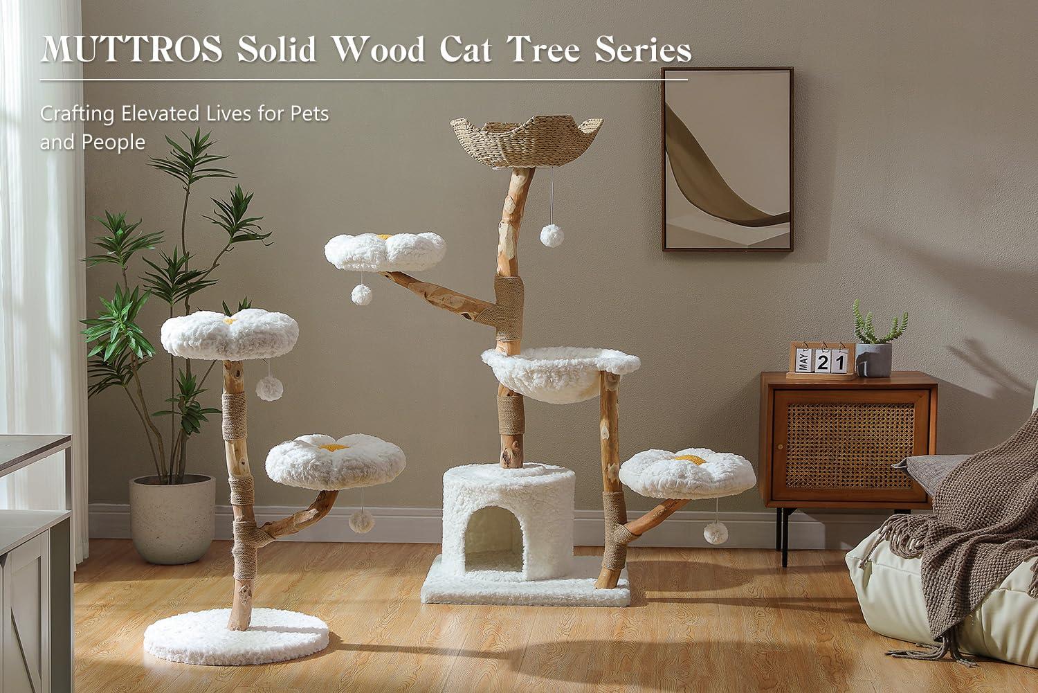 MUTTROS Wood Flower Cat Tree, Modern Cat Tower with Real Wood Branches, Luxury Boho Furniture with Scratching Post and 2 Perches, Cat Climbing Tower for Indoor Cats, Cloud White - Image 2