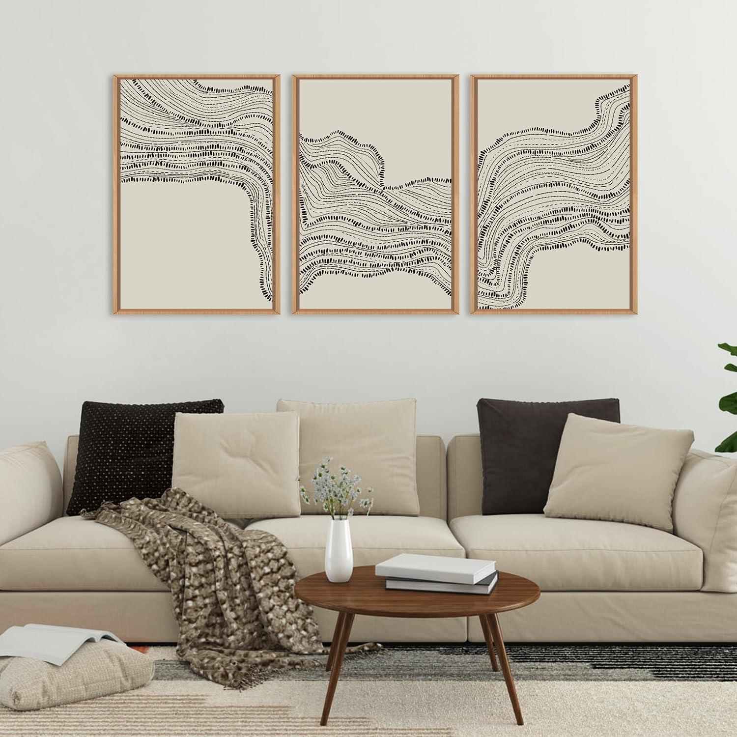 HLNIUC Neutral Abstract Framed Canvas Wall Art Set, Black Beige Wave Line Wall Decor, Large Minimalist Painting, Modern Geometric Art Print for Living Room, Bedroom, Dinning Room, Office - 16"x24"x3 - Image 2