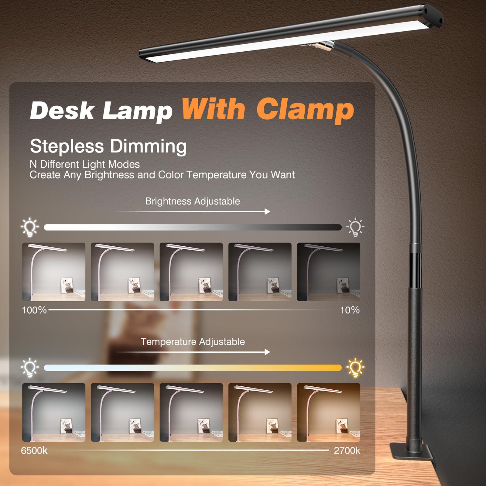 Airlonv LED Desk Lamp for Office Home, Eye-Caring Desk Light with Stepless Dimming Adjustable Flexible Gooseneck, 10W USB Adapter Desk Lamp with Clamp for Reading, Study, Workbench (Black) - Image 2