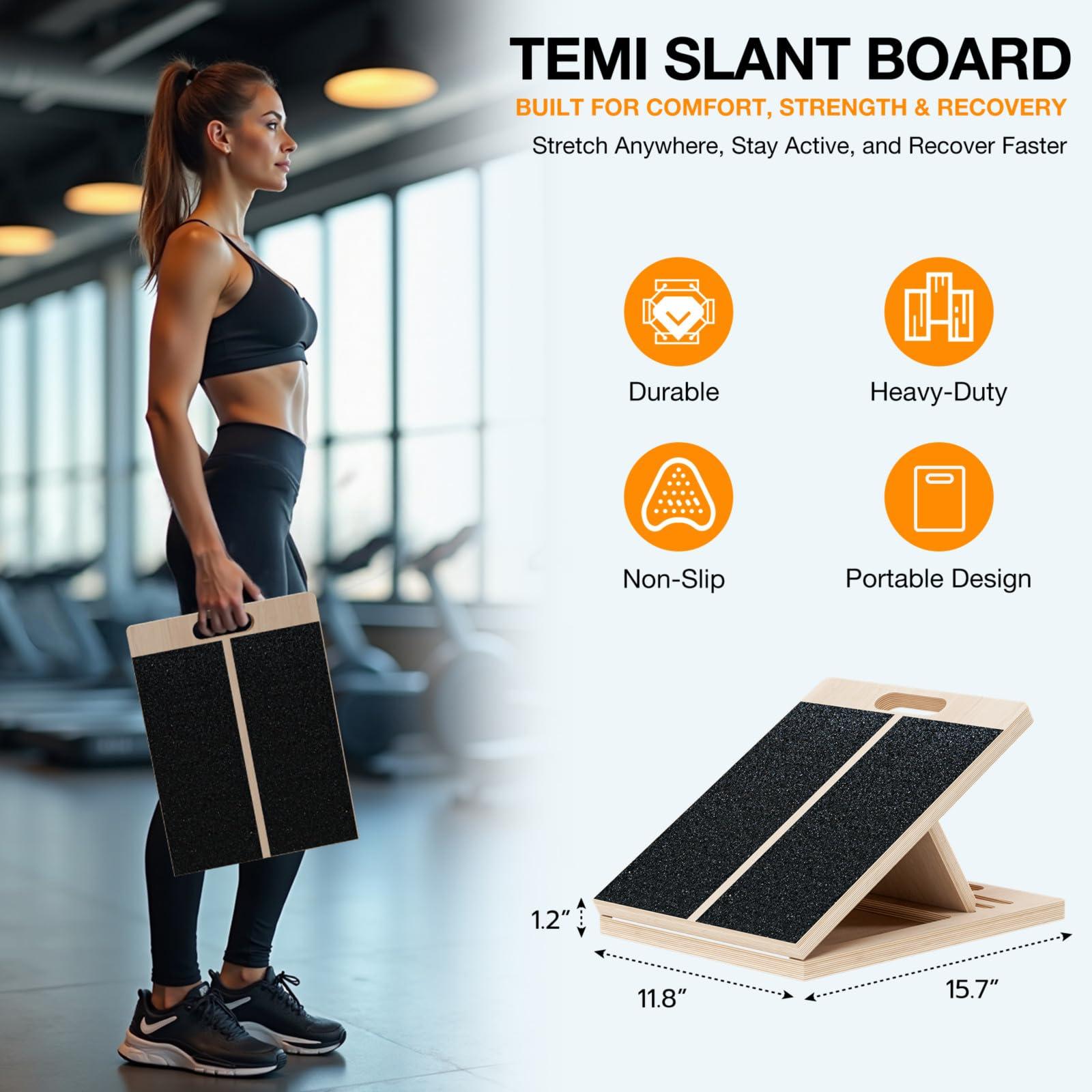 TEMI Slant Board for Calf-Stretching - Wooden Incline Wedge Stretcher for Squats, Foot & Ankle Mobility, Portable Fitness Equipment, Balance Block for Heel Stretch - Image 2