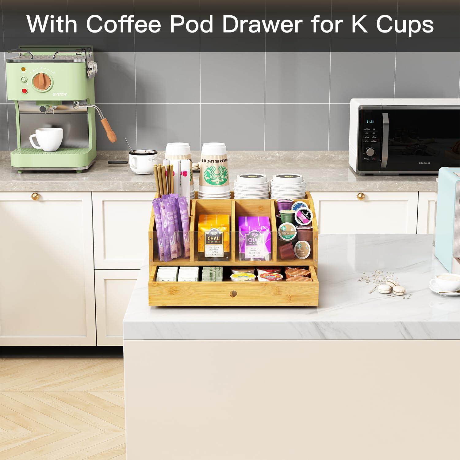 AEEHFENG Coffee Station Organizer for Countertop Coffee Condiment Organizer, Office Coffee Station, Small Cute Coffee Bar Organizer – Bamboo & Wooden Storage with Removable Dividers & Drawer - Image 5