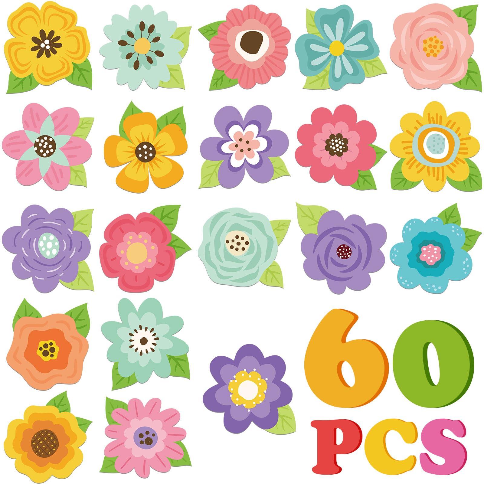 Motipuns 60 Pcs Flower Cutouts Spring Bulletin Board Decorations Floral Paper Cutouts Springtime Classroom Decorations for Kids Preschool Teacher Chalkboard Summer Party Office Home Back to School