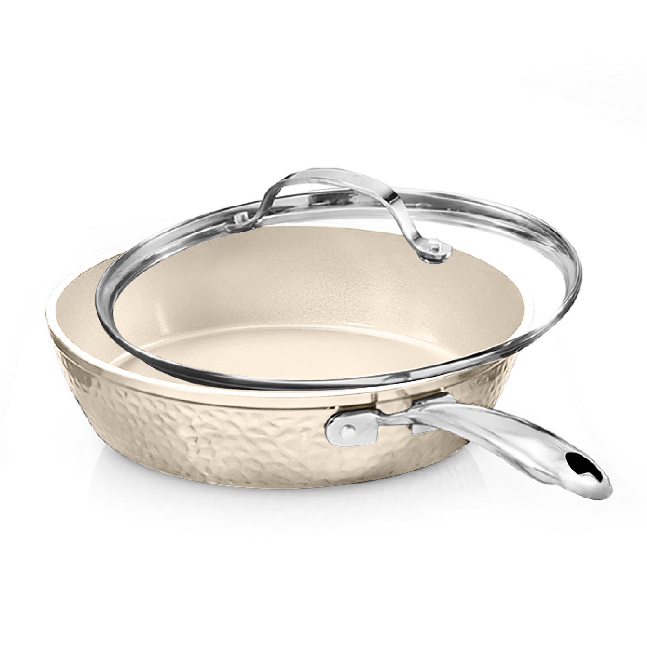GOTHAM STEEL Hammered 10 Inch Non Stick Frying Pans with Lid, Frying Pans Nonstick with Lid, Non Toxic PFOA PFOS Free, Skillet Pan for Cooking, Induction Oven and Dishwasher Safe – Cream