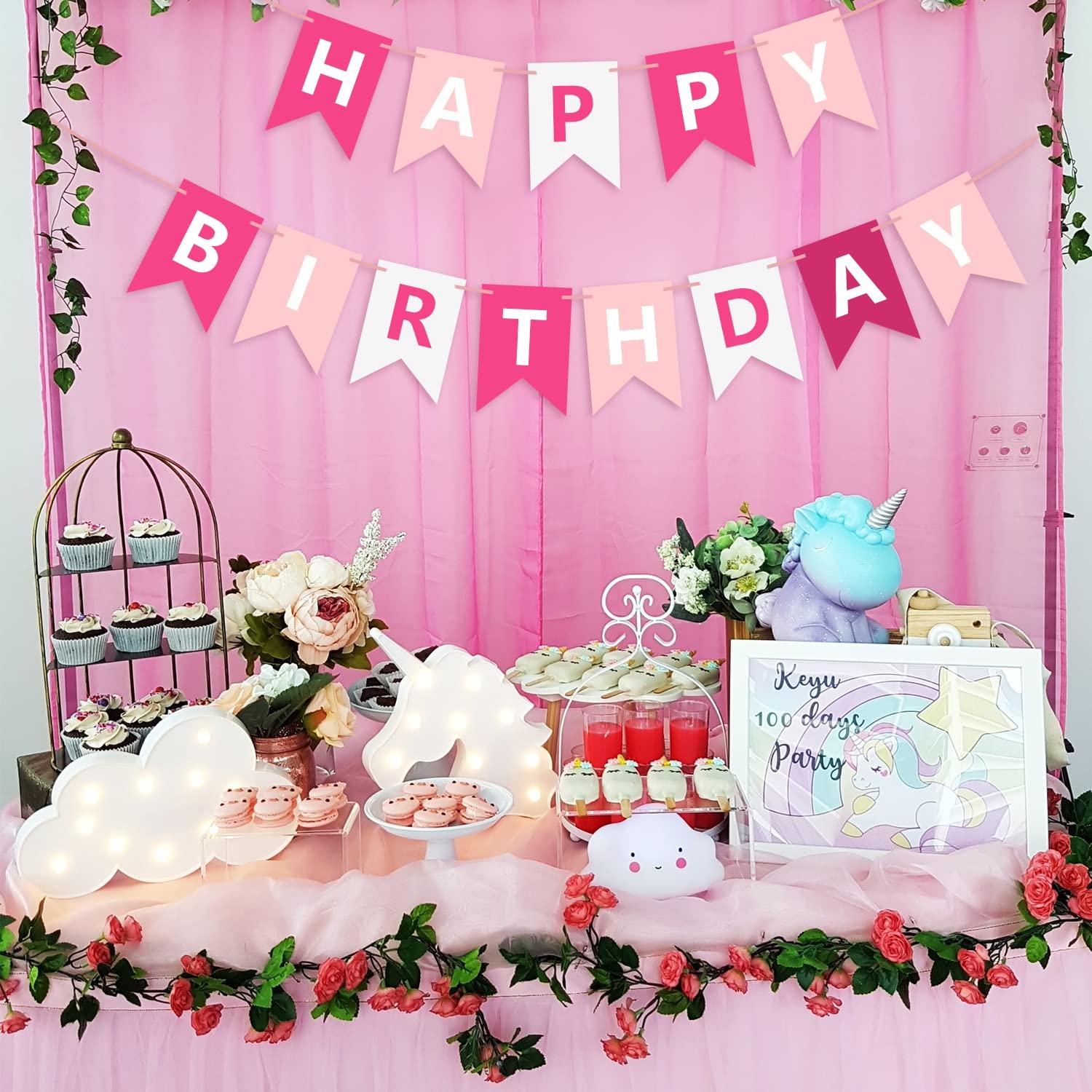 Waenerec Pink Happy Birthday Banner Sign Happy Birthday Bunting Banner Garland for Kids Girls Baby 1st Birthday Tea Party Decorations Bunting Flag Birthday Party Supplies - Image 6