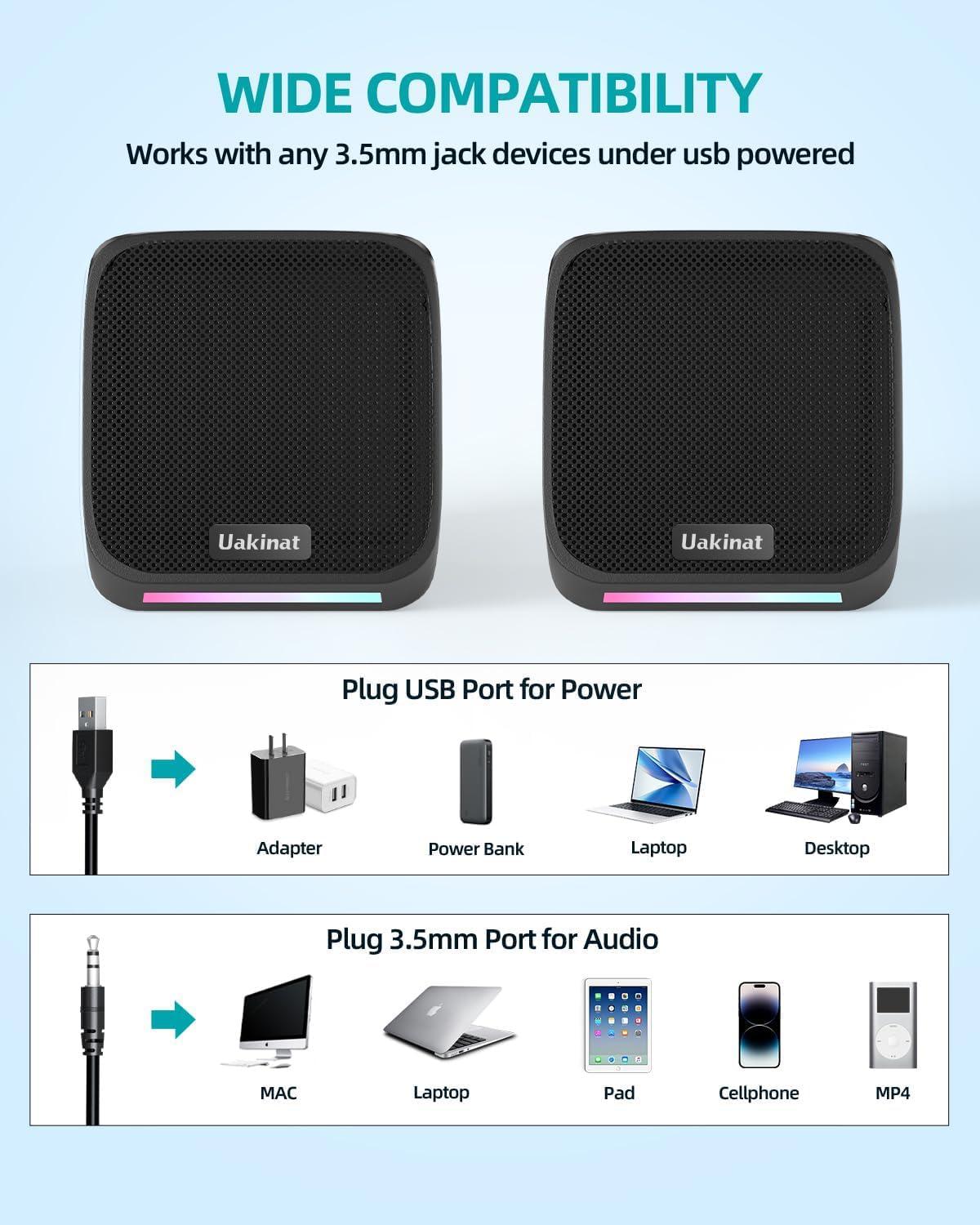 Uakinat Computer Speakers,Computer Speakers for Desktop PC,Desktop Speakers,Small Computer Speakers USB Powered 3.5mm Aux Speaker for PC,Laptop,Tablet,Phone - Image 3