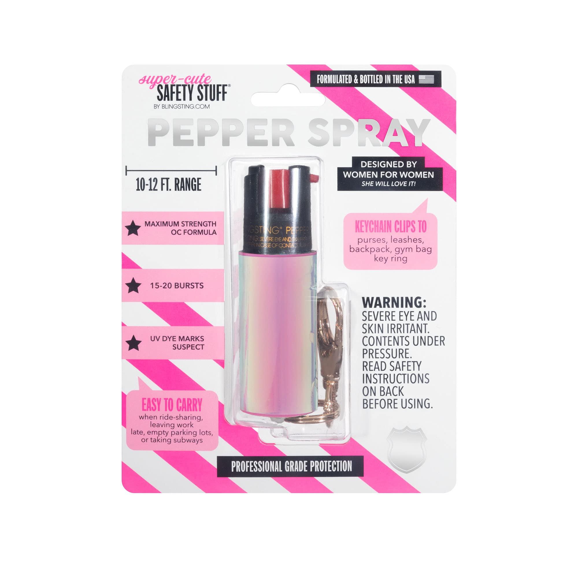 BLINGSTING Pepper Spray for Women - Maximum Strength OC Self Defense Spray - 12 ft Range - UV Marking Dye for Police ID - Swipe Safety Lock, Compact & Fashionable Keychain - Holographic - Image 6
