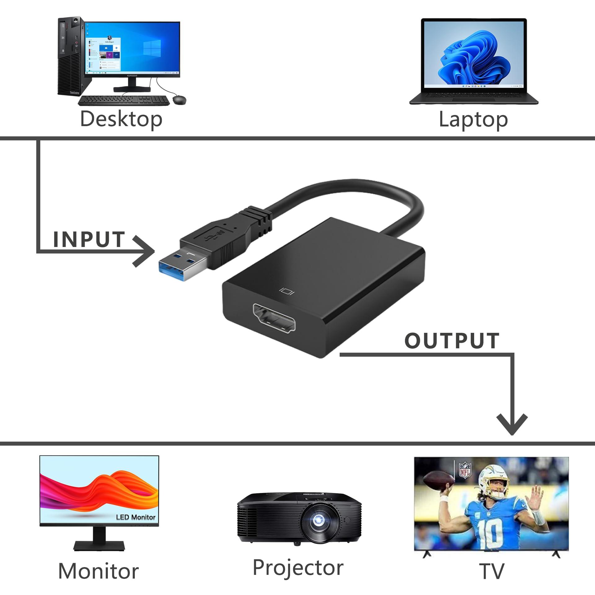 KUPOISHE USB to HDMI Adapter for Monitor Windows 11/10 / 8, HDMI USB Converter for Laptop Mac MacBook pro, USB 3.0 USB 2.0 HDMI Cable Multiple Monitors for Desktop PC TV, Black - Image 2