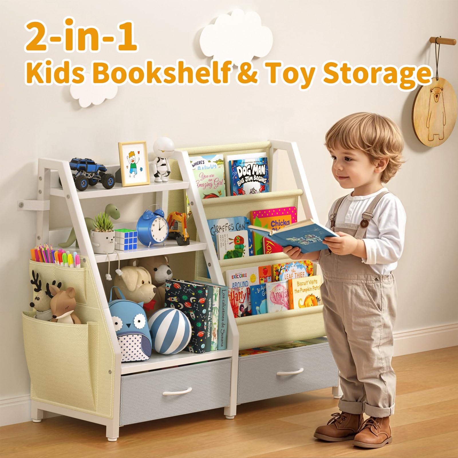 Twinkoo Kids Bookshelf and Toy Organizer, Sturdy 3 Tier Kids Bookcase, Sling Bookshelf and 2 Toy Bins, Toddler Montessori Book Shelf with Toy Storage Organizer for Children Room, Playroom, Nursery - Image 4