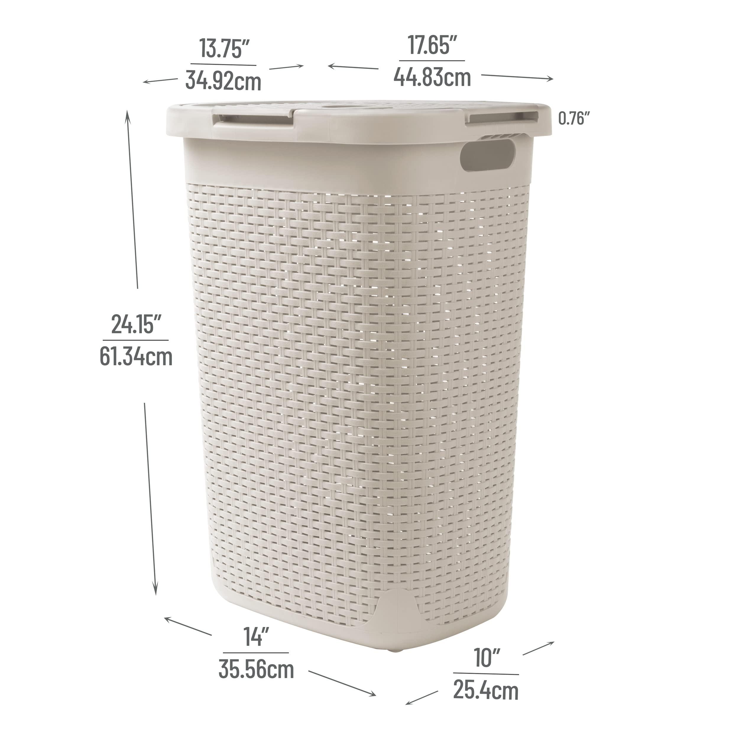 Mind Reader 60L Slim Laundry Hamper, Clothes Basket, Lid, Wicker Design, Plastic, 17.65"L x 13.75"W x 24.15"H, Ivory - Image 3