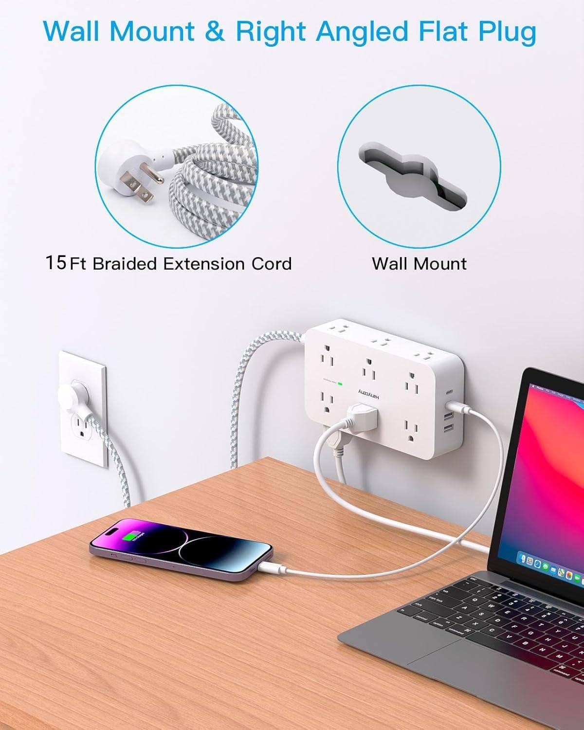 Extension Cord 15 Ft, HANYCONY Power Strip Surge Protector 12 Outlets 4 USB Ports (2 USB C), Large Desk Power Strip with Long Cord, Flat Plug, Wall Mount for Office Home College Dorm Room Essentials - Image 7