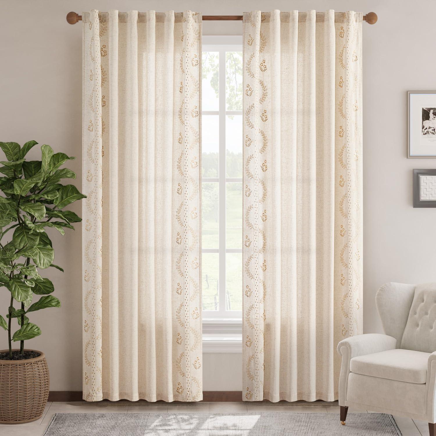 jinchan Linen Curtains for Bedroom Floral Curtains 84 Inch Length Linen Blend Beige Embroidered Drapes Farmhouse Flower Patterned Drapes for Living Room Window Treatments Set 2 Panels - Image 2