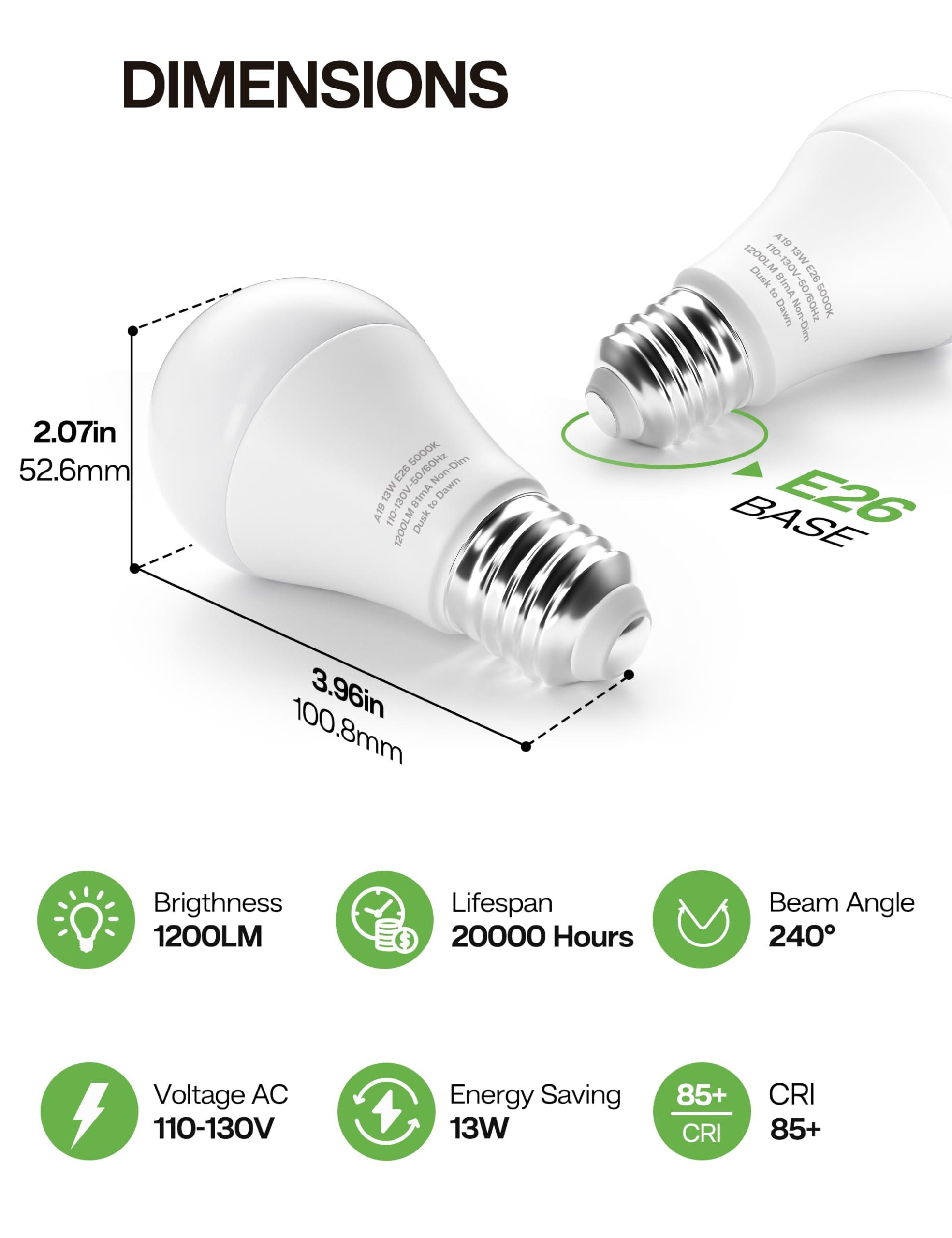Eastiya Dusk to Dawn Sensor LED Outdoor Light Bulb, Daylight White 5000K, A19 13W(100 Watt Equivalent) Bright Porch Lighting, 1200LM, Auto-On/Off Photocell Sensor for Garage Yard Patio Garden-4 Pack - Image 5