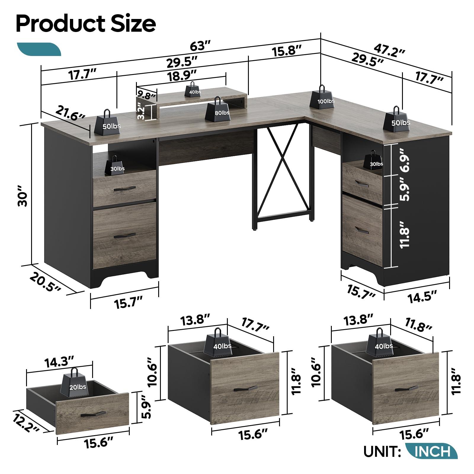Bestier L Shaped Desk with 4 Drawers, 63" x 47" Executive Desk with Open Storage & Monitor Stand, Corner Desk with 2 File Drawers & Modesty Panel for Home Office, Gray - Image 2