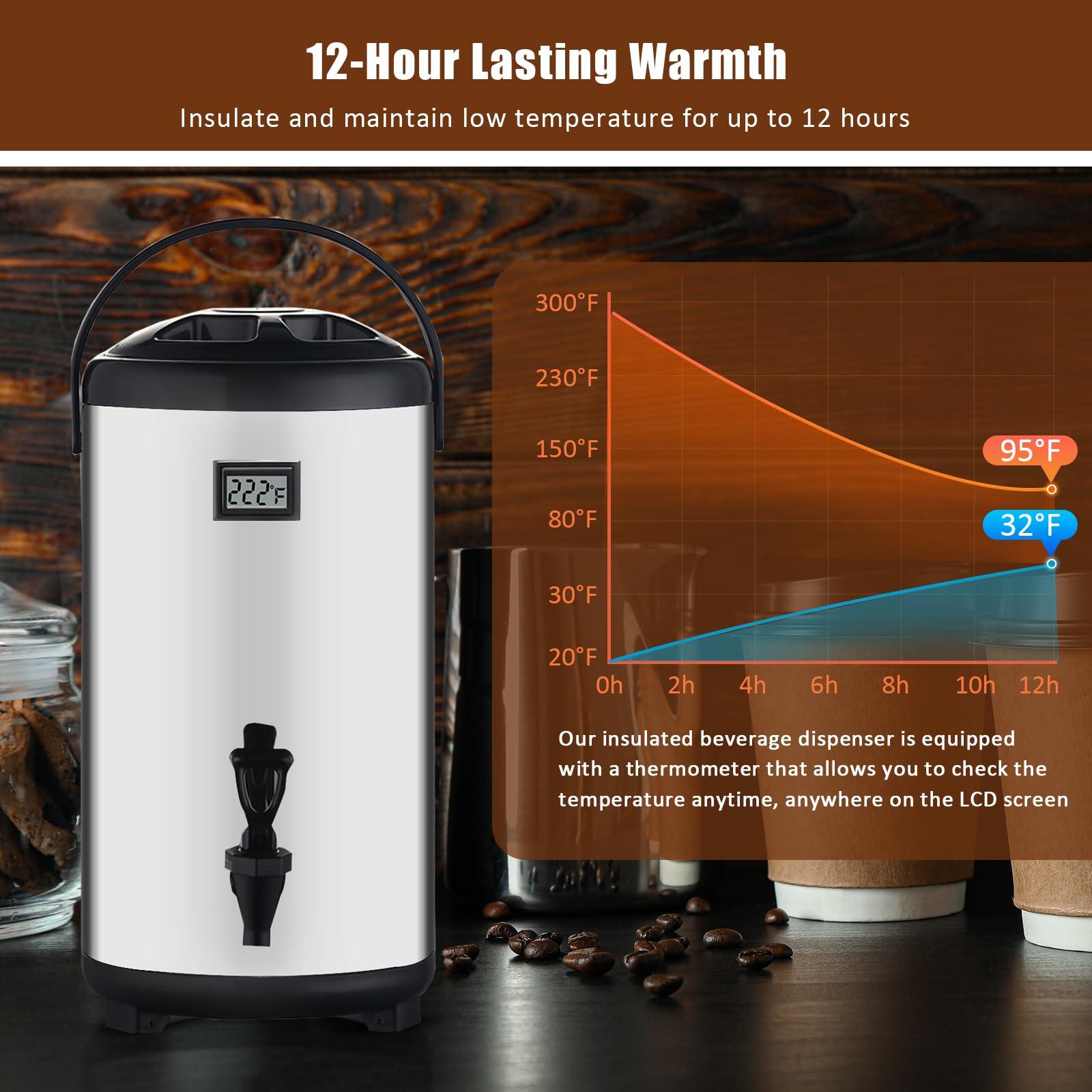 Insulated Beverage Dispenser,12L/3.2Gal Coffee Dispenser,Tea Dispenser,Coffee Carafe,Thermos Urn,Hot and Cold Drink Dispenser Faucet with thermometer For Hot Tea&Coffee,Cold Milk,Water,Juice(silver) - Image 6