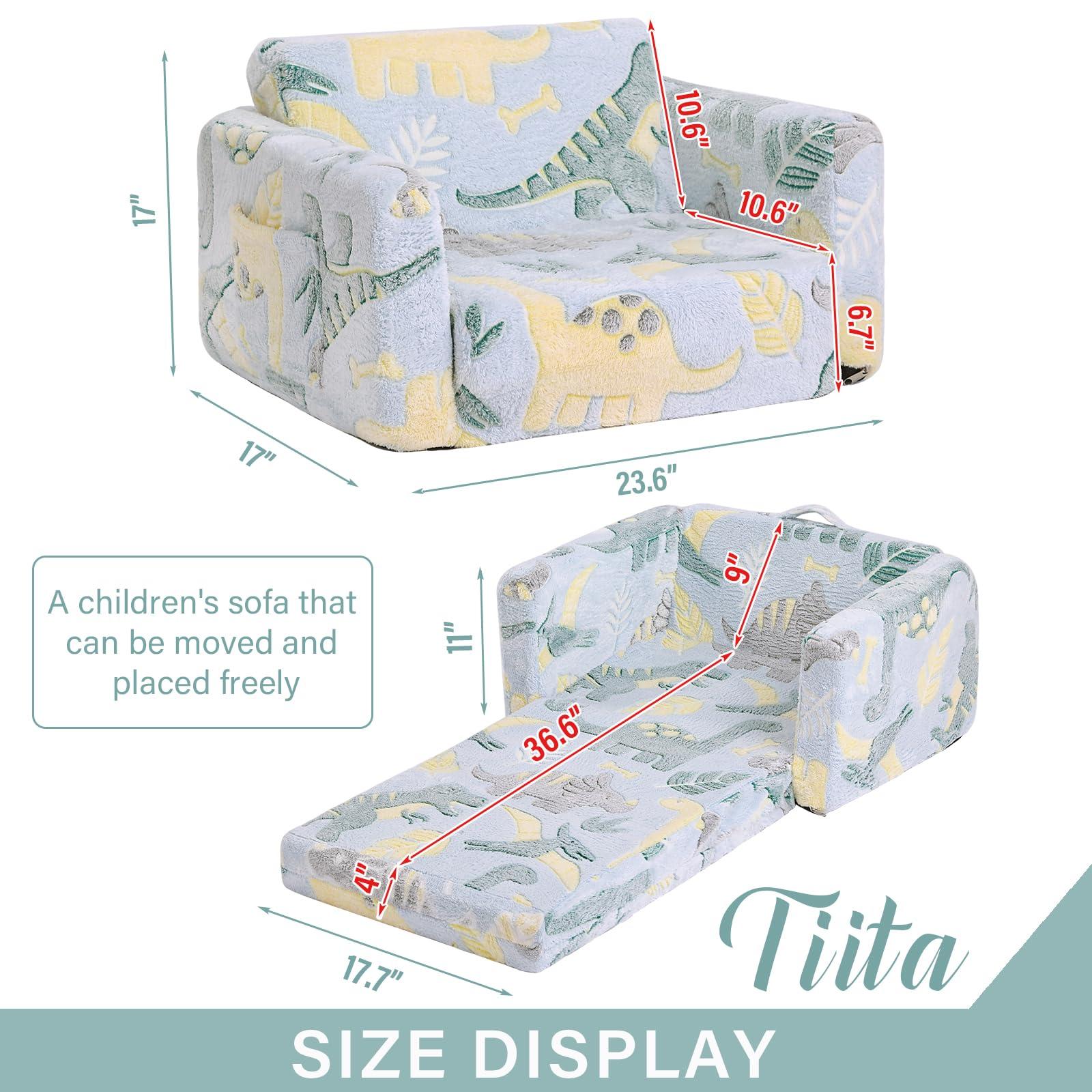 Tiita Kids Sofa, 2-in-1 Kid Sofa, Convertible Children Couch to Lounger, Flip Out Kids Chair, Glow in The Dark Toddler Armrest Chair Bed for Girl or Boy (Grey Dinosaur) - Image 3