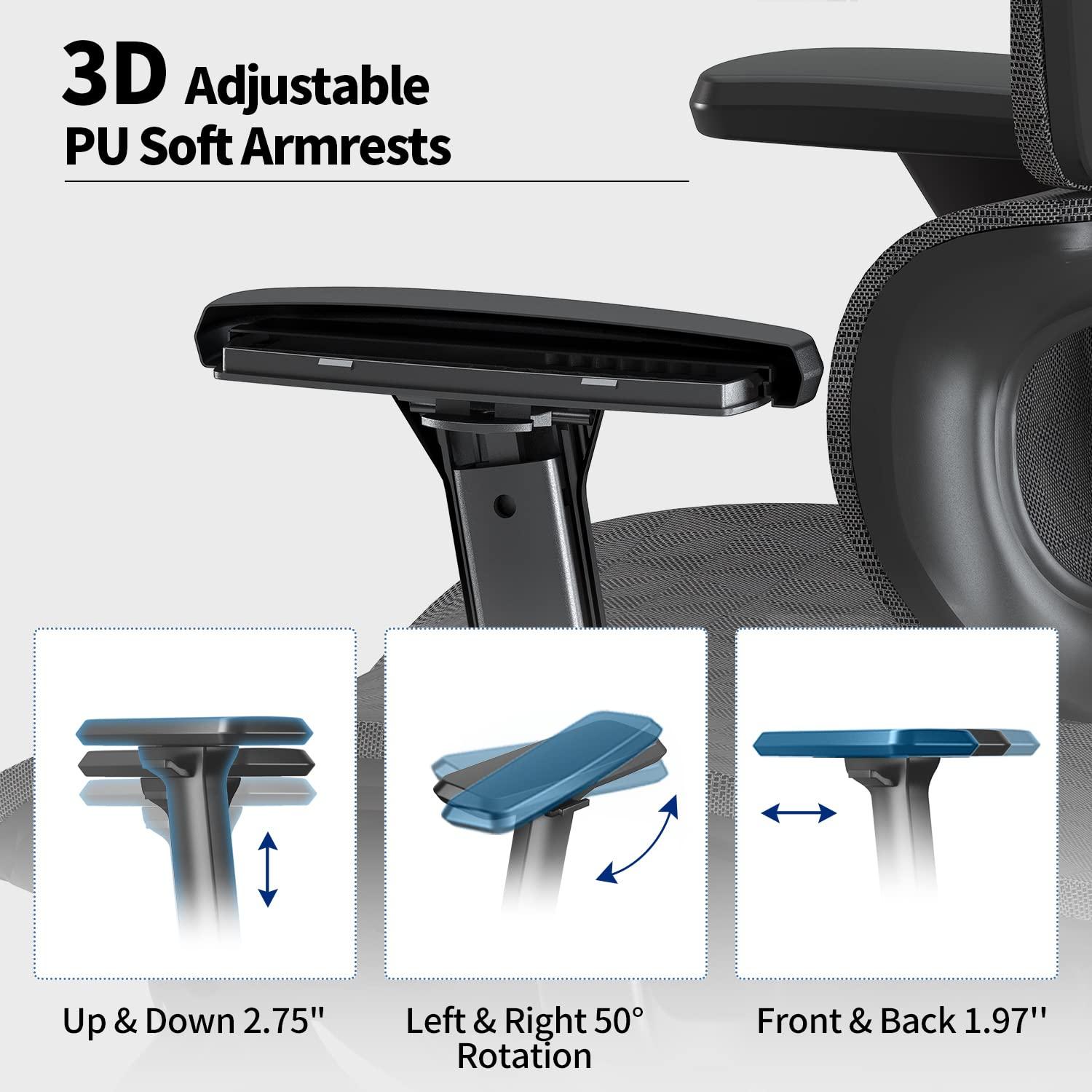 PatioMage Ergonomic Mesh Office Chair with 3D Adjustable Armrest,High Back Desk Computer Chair Ergo3d Ergonomic Office Chair with Wheels for Home & Office Black - Image 8