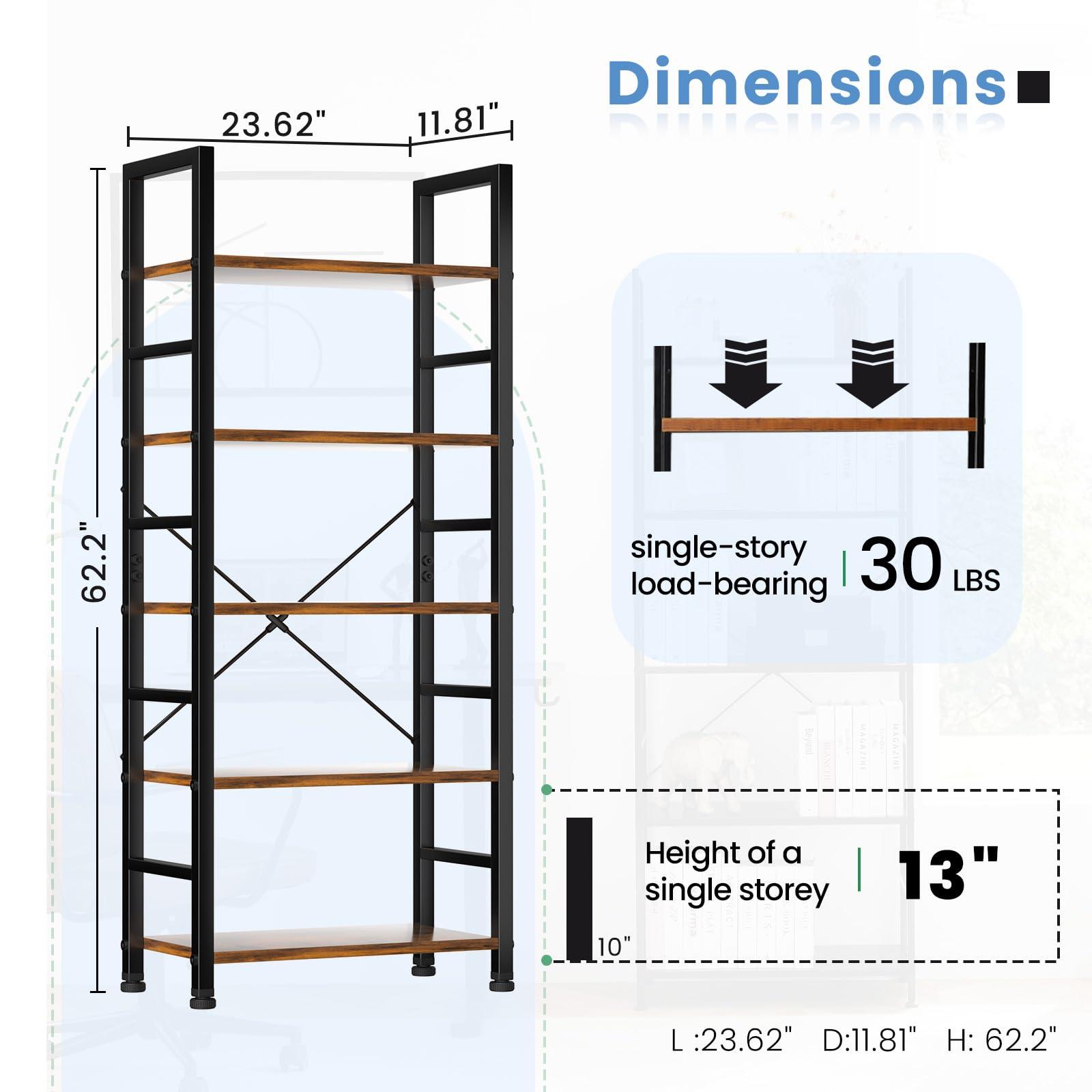 DUMOS 5 Tiers Bookshelf, Classical Modern Book Shelf, Tall Display Shelves in Living Room/Home/Office, Storage Organizer for CDs/Books/Movies, Rustic Brown - Image 2