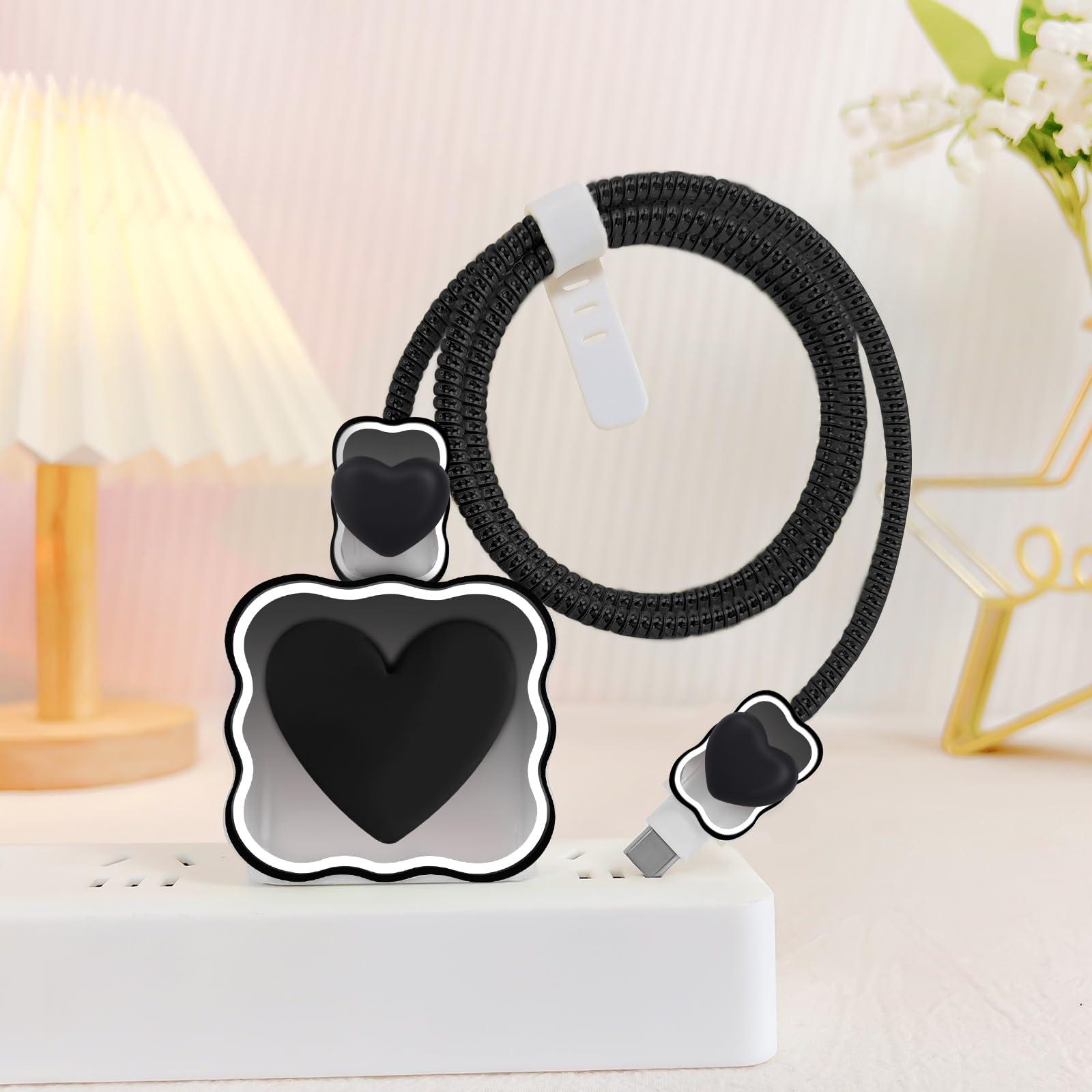 CameCosy DIY Phone Charger Case Storage Sets Cable Protector Earphone Wire Saver with Wave Travel Storage Bag, Cute Cable Charger Protector Cord Organizer for iPhone (Black Love Heart) - Image 3