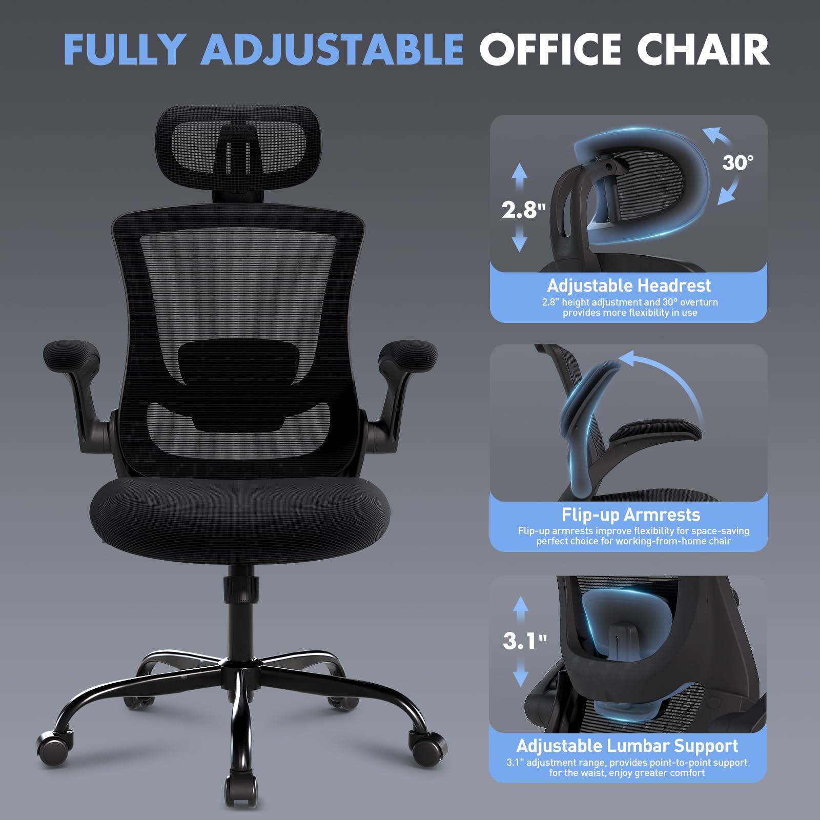 Ergonomic Office Chair with Adjustable Lumbar Support & Headrest – High Back Mesh Desk Chair with Flip-Up Armrests, Swivel Rolling Computer Chair for Home Office, Breathable & BIFMA Certified, Black - Image 4