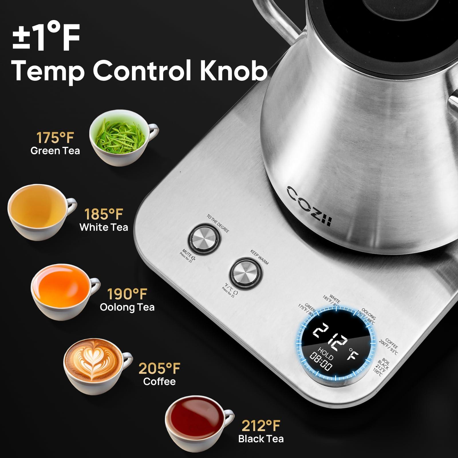 COZII Gooseneck Electric Kettle,5 Presets & ±1℉ Temperature Control 1200W Quick Heating Water Boiler for Coffee/Tea, 24H Keep Warm, Auto Shut Off Pour Over Kettle with 50pcs Coffee Filter,0.9L Silver - Image 4