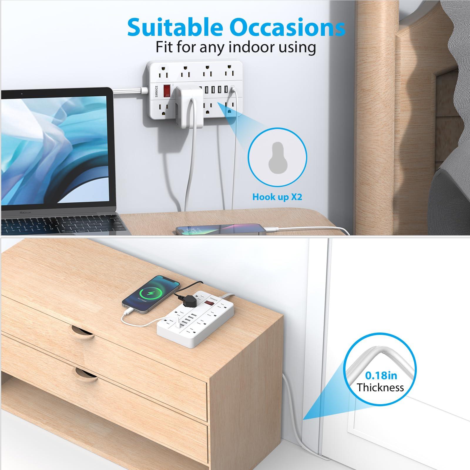 SMNICE Power Strip with USB,Surge Protector Flat Plug with 8 Widely Spaced Outlets and 6 USB Ports(1 USB C), 5ft Extension Cord Wall Mountable Phone Tablet Laptop Computer Multiple Devices - Image 6
