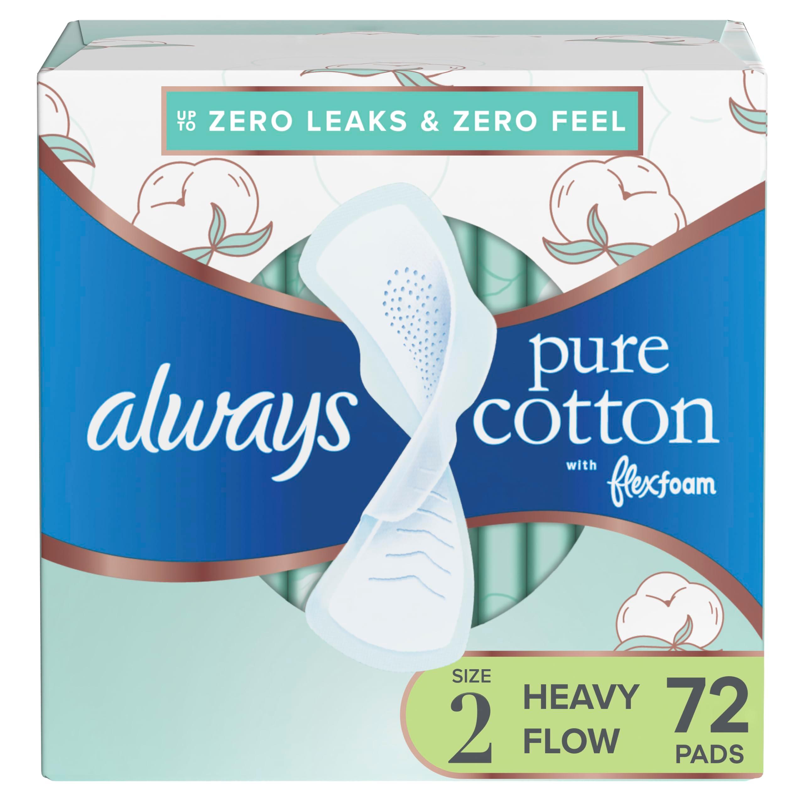 Always Pure Cotton, Feminine Pads for Women, Size 2 Heavy Flow Absorbency, Multipack, with Flexfoam, with Wings, Unscented, 24 Count x 3 Packs (72 Count Total)