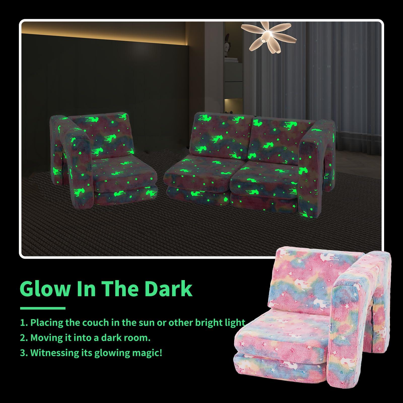 Kids Couch 13PCS, Modular Kids Play Couch for Playroom Bedroom, 13 in 1 Multifunctional Kid Sofa for Playing, Creativing, Sleeping, Indoor Toddler Couches for Boys and Girls (Glowing Unicorn Pink) - Image 4
