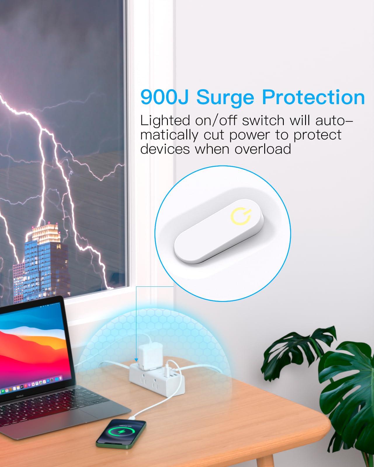 15Ft Extension Cord with Multiple Outlets, Flat Plug Power Strip Surge Protector with 15 Ft Long Cord, 6 Outlet 3 USB Ports (1 USB C), Multi Outlet Wall Plug for Travel, College, Dorm Room Essentials - Image 5