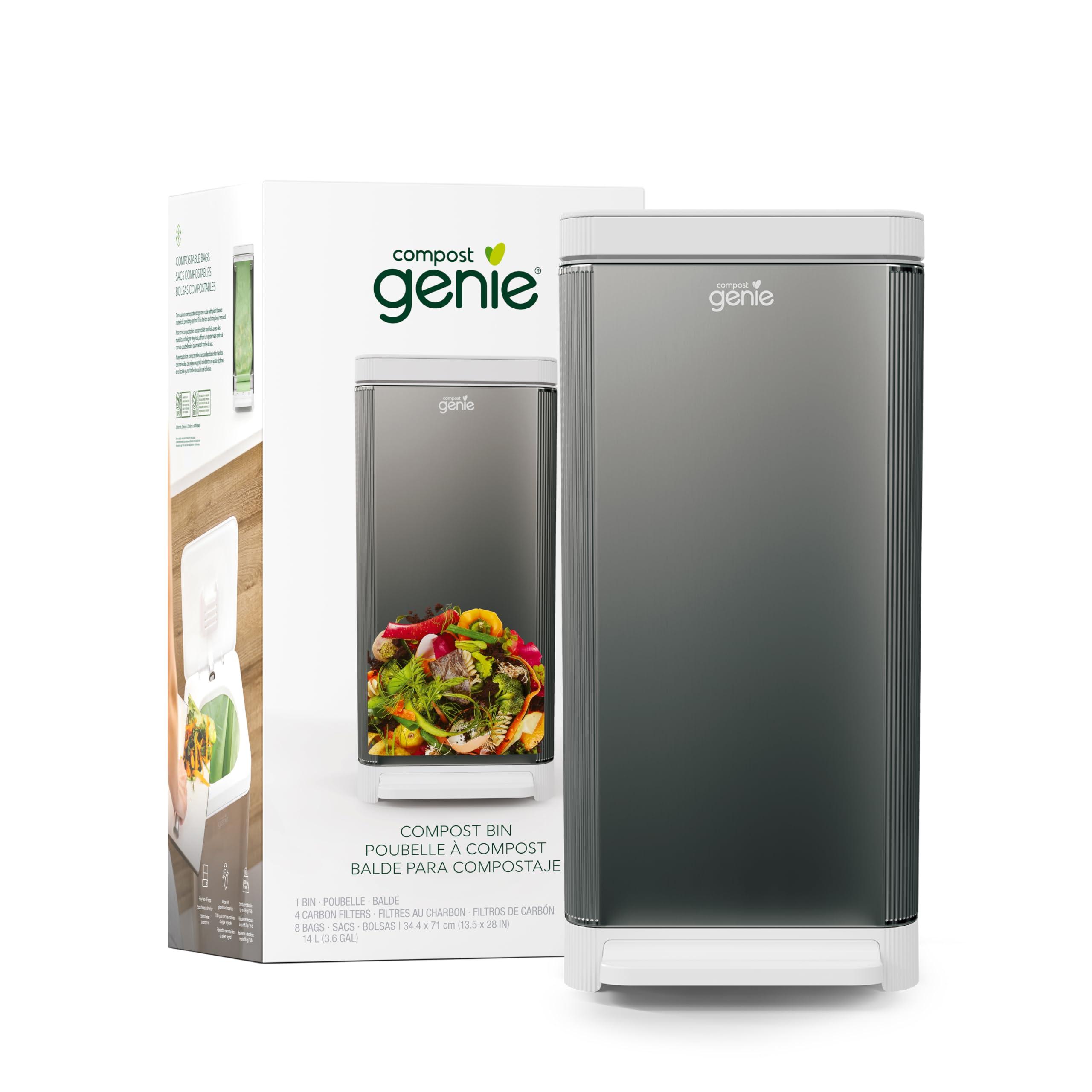 Compost Genie Kitchen Compost Bin, Silver Stainless-Steel Large, 3.6 Gallon, Indoor Odorless Composting, Hands-Free, Washable Parts, Includes 8 Tear-Off Compostable Bags and 4 Carbon Filters