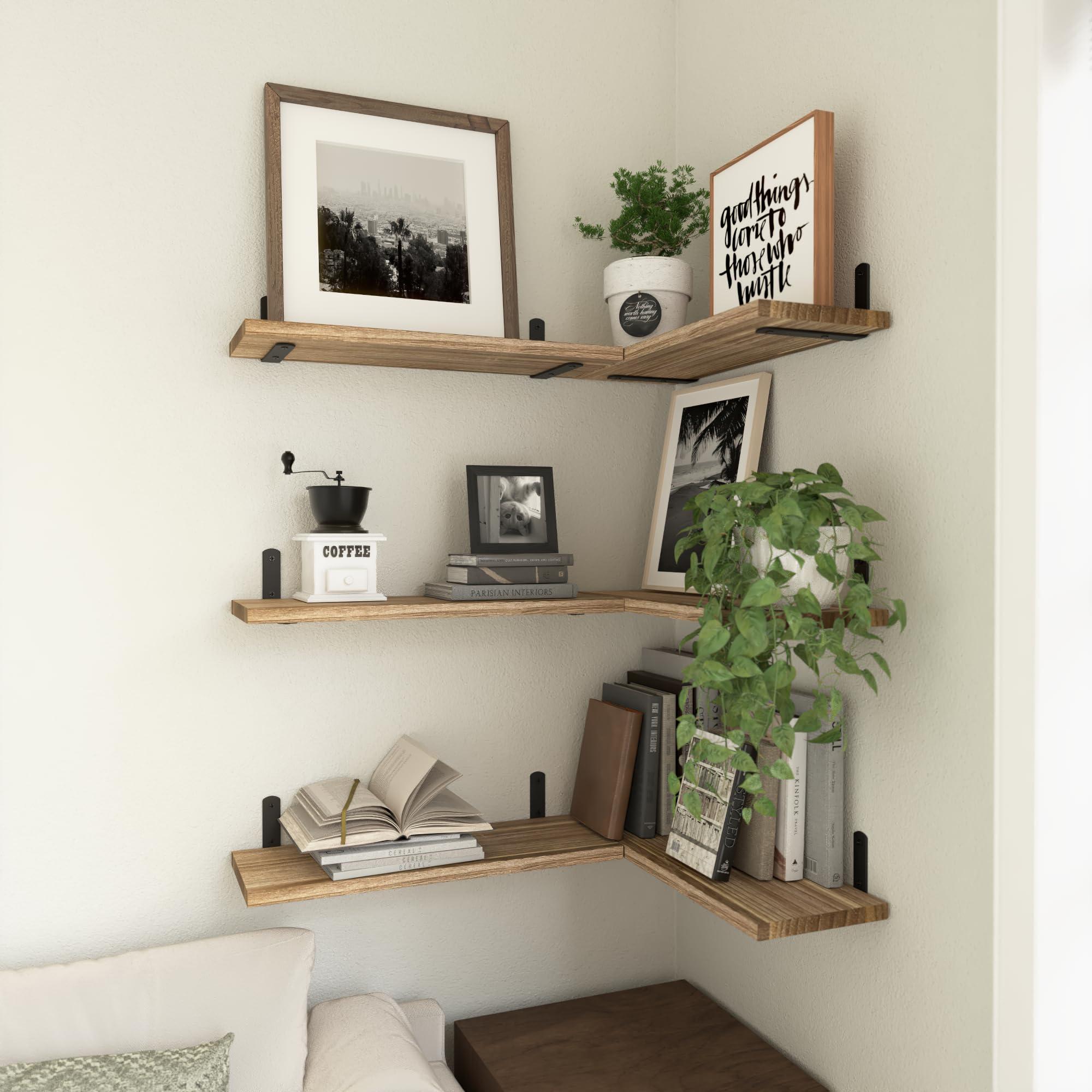WOPITUES Wood Floating Shelves Set of 6, Shelves for Wall Decor, Farmhouse Shelf for Bedroom, Bathroom Storage Shelves, Book Shelves for Living Room - Rustic Brown - Image 5