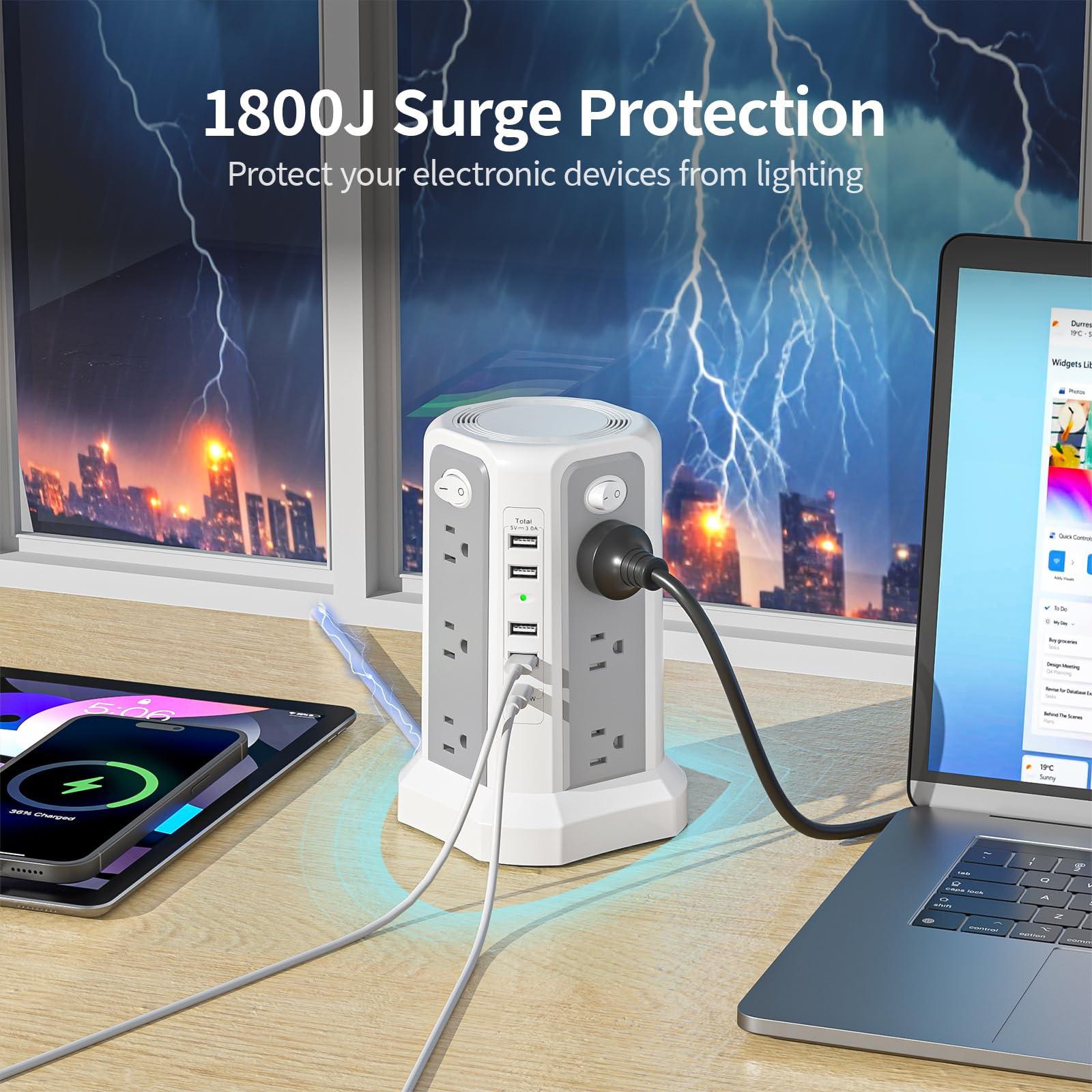 Surge Protector Power Strip Tower with USB C Port(PD18W),10FT Extension Cord with 12 AC Outlets 5 USB Charging Ports, PASSUS Power Tower Surge Protection for Home Office DormRoom - Image 3