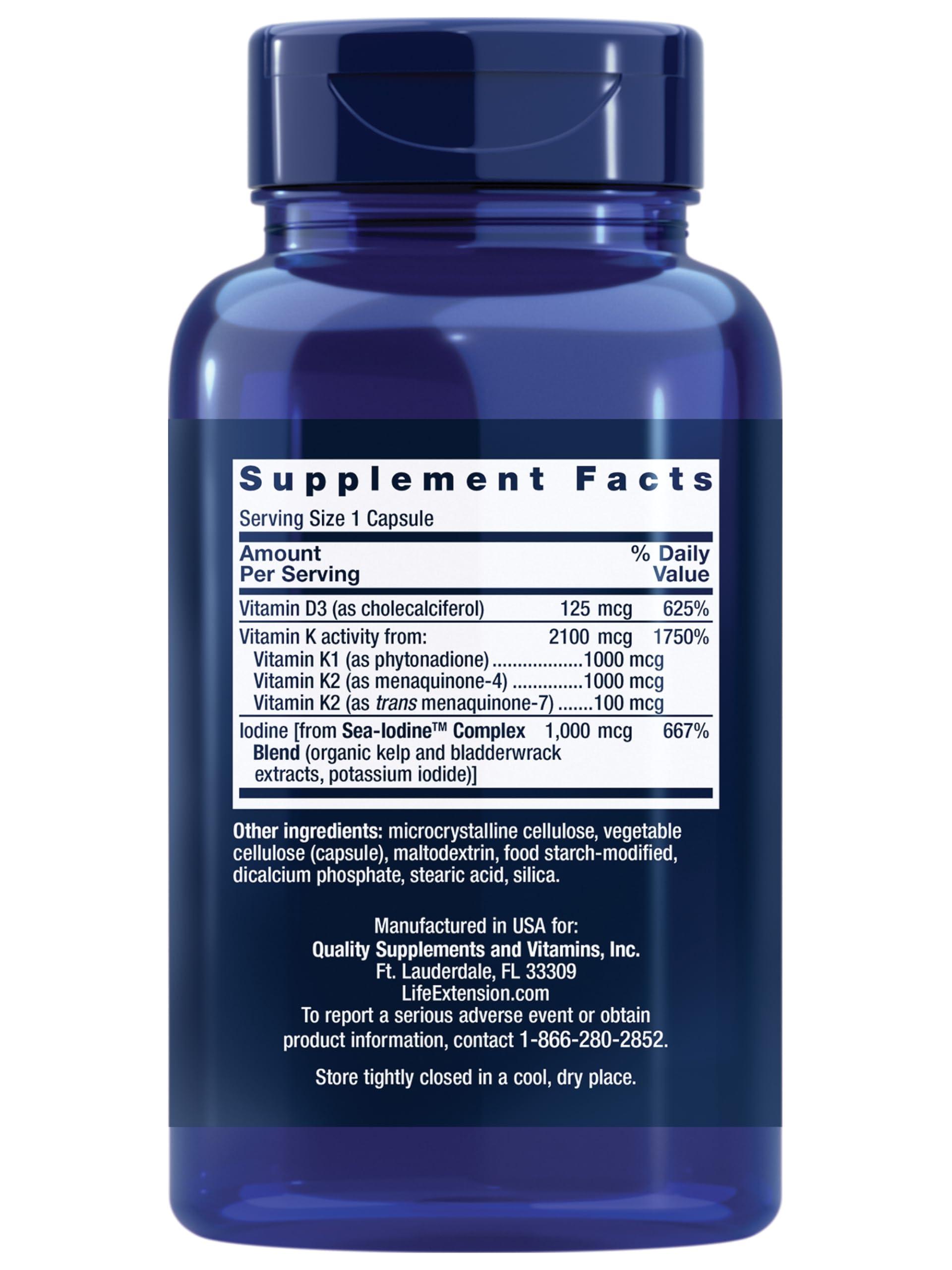 Life Extension Vitamins D and K with Sea-Iodine, vitamin D3, vitamin K1 and K2, iodine, supports immune, bone, arterial and thyroid health, non-GMO, gluten-free, 60 capsules - Image 2
