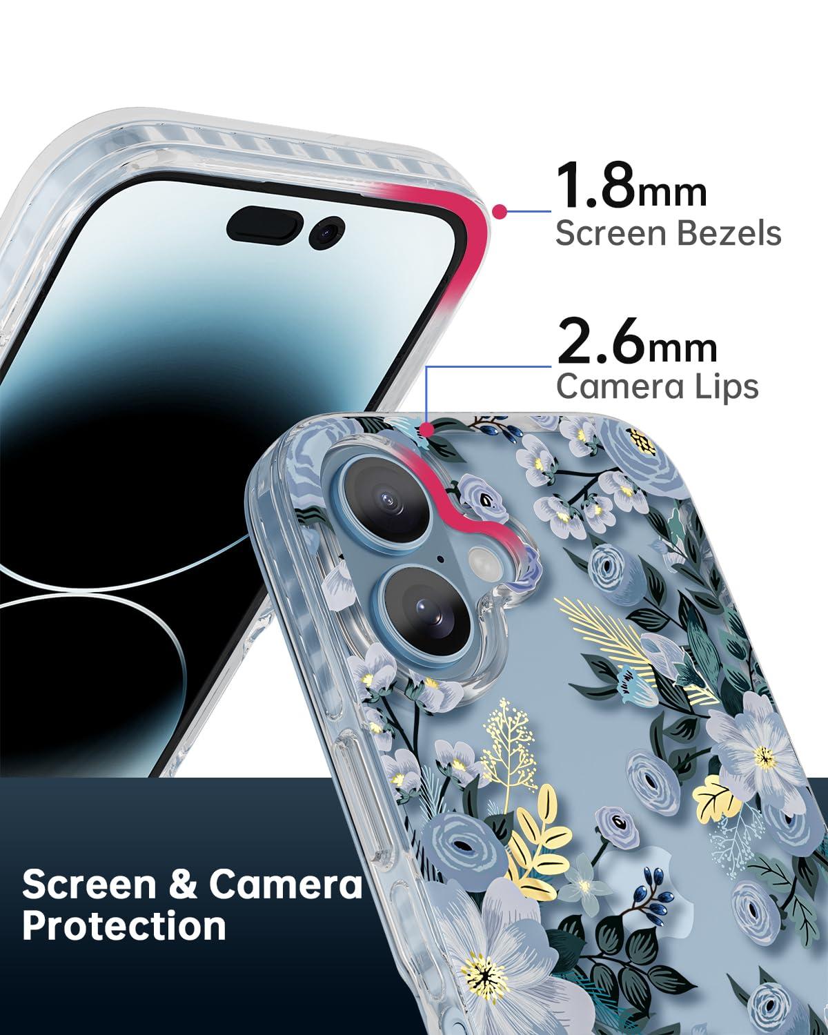 SCORPIFY for iPhone 16 Case with Blue Nemophila Floral Design, Cute Clear Flower Phone Cover for Women Girls, [Non Yellowing] Slim Shockproof Bumper with Gold Accents - Image 4