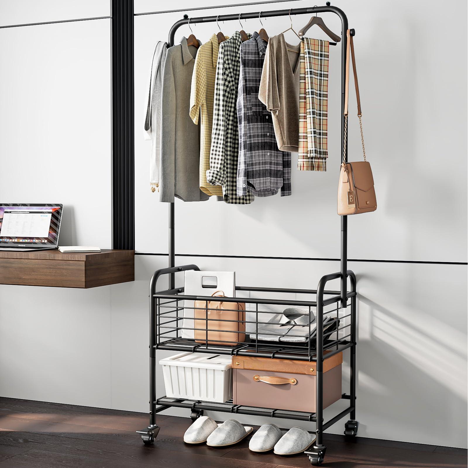 SUOERNUO Laundry Cart with Hanging Rack Rolling Laundry Hamper Sorter with Wheels Shelf,Black - Image 5