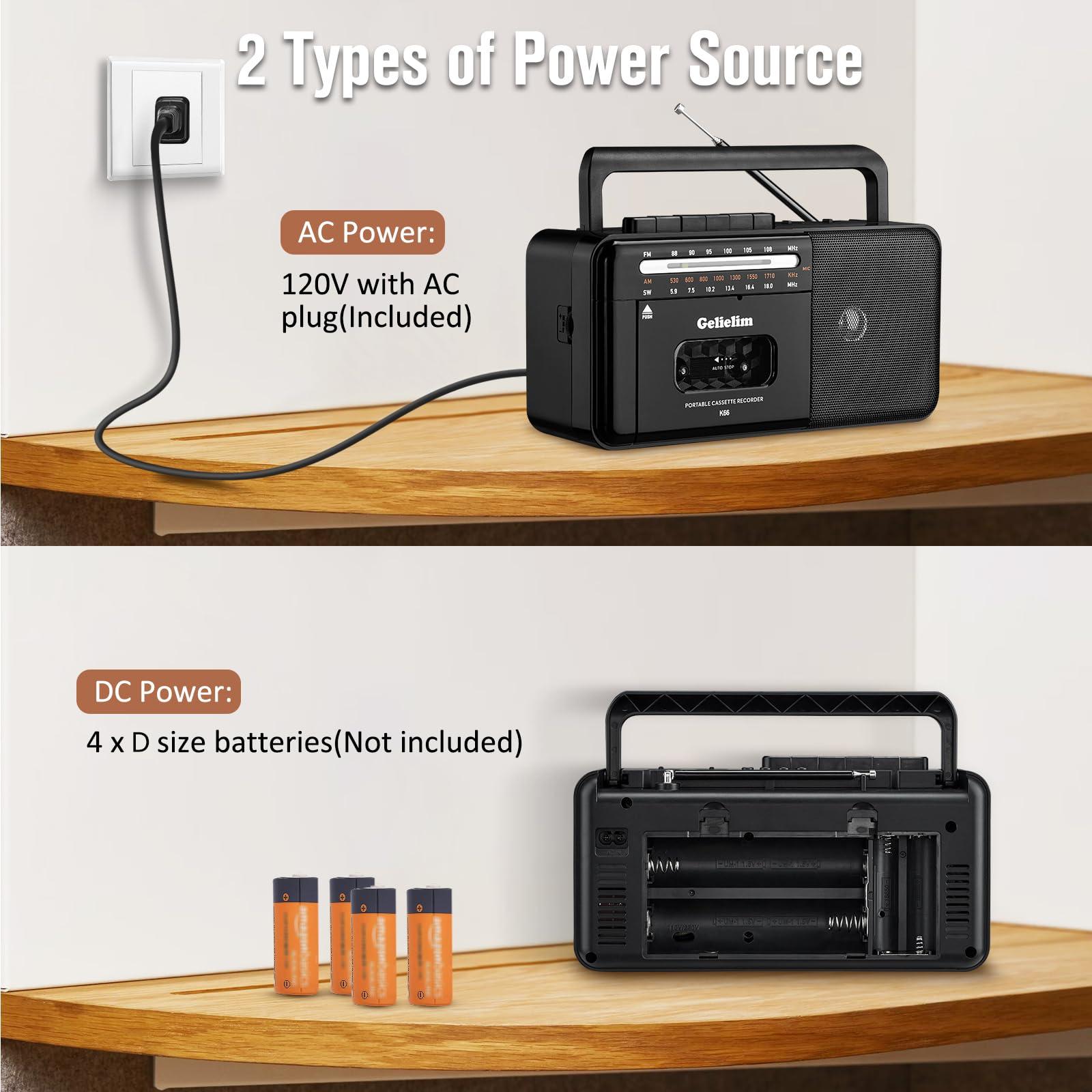Gelielim Cassette Tape Player Bluetooth Boombox, Cassette Player AM/FM/SW Radio Stereo, Tape Player/Recorder with 8W Speaker and Earphone Jack, USB/TF Card Player, AC Powered or Battery Operated - Image 6