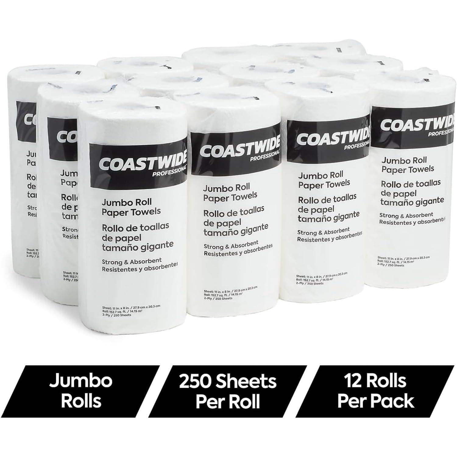 COASTWIDE 2-Ply Jumbo Kitchen Paper Towels, 250-Sheets Per Roll, 12-Pack, White - Image 3