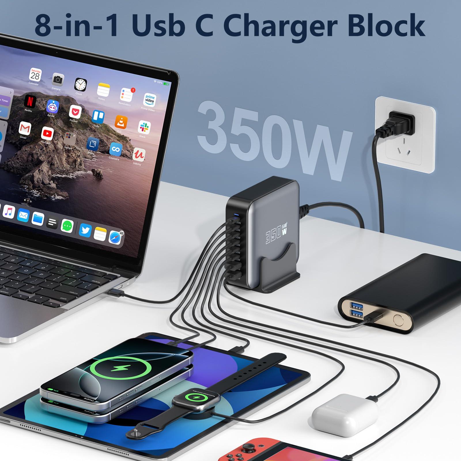 350W USB Fast Charging Station, 8 Port USB C Multi Port Charger Block with PD 100W Fast Charging Station for Multiple Devices, USB Charger Block Compatible iPhone, Android Cell Phone, Tablet, iPad - Image 3