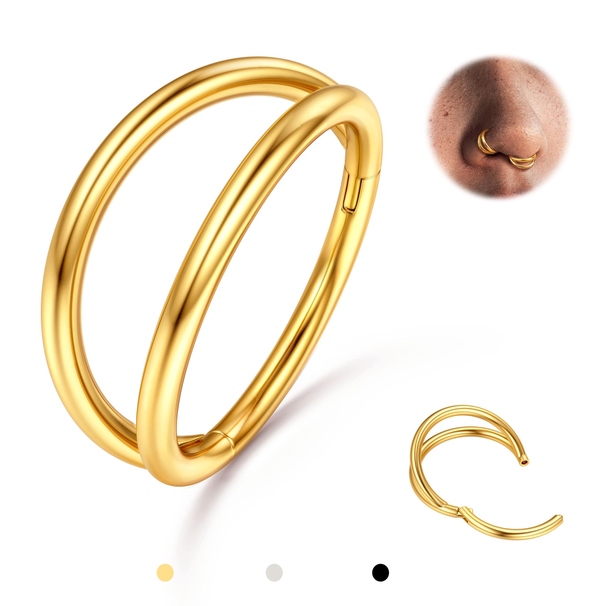 BodyBonita Triple/Double Hoop Nose Ring - 316L Stainless Steel Septum Clicker 16G/18G/20G CZ Conch Piercing Jewelry Septum Clicker Rings Cartilage Earring Helix Rook Tragus Gold/Black/Silver/Rose Gold