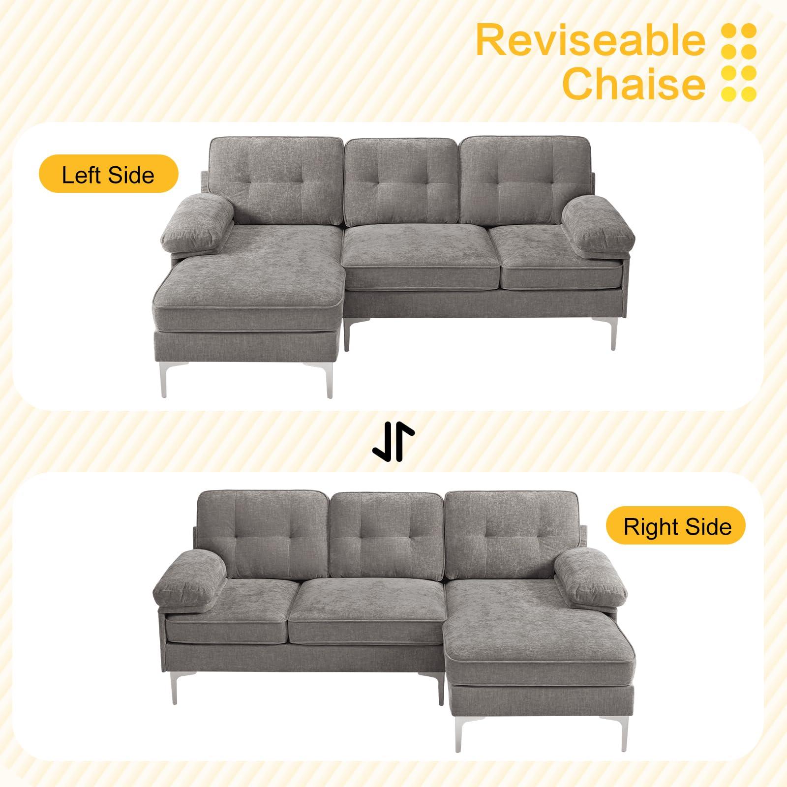 COHOME 83in L-Shaped Couch, Chenille Upholsted Sofa with Reversible Chaise,3-Seat Couch for Living Room, Convertible Sectional with Removable Covers,Grey - Image 6