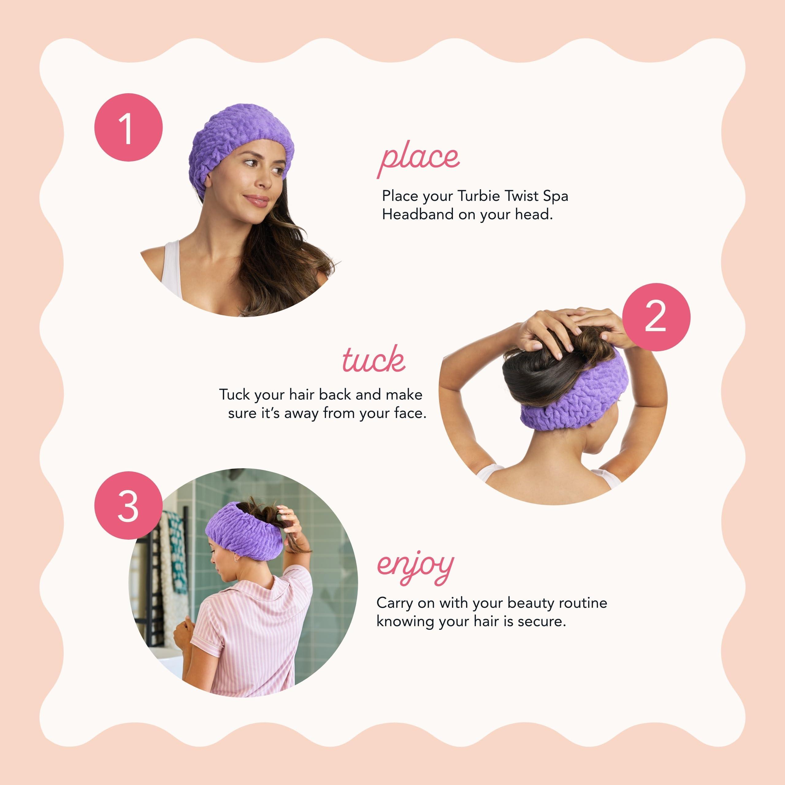 Turbie Twist 4-Pack Turbie Band for Beauty, Travel, Gifting - Microfiber Headband for Personal Care - Comfortable, Extra-Wide Spa Headband - For All Hair Types - Pink, Purple, Blue & White - Image 4