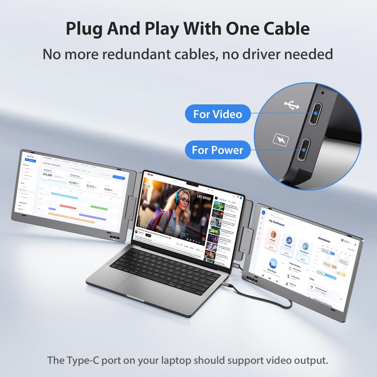 KYY Triple Laptop Screen Extender, 14" 1080P FHD IPS Dual Portable Extended Monitor, USB C Travel for 12-16'' Laptop, 210°Rotation & Kickstand, Plug and Play, X90 (Windows Only) - Image 3
