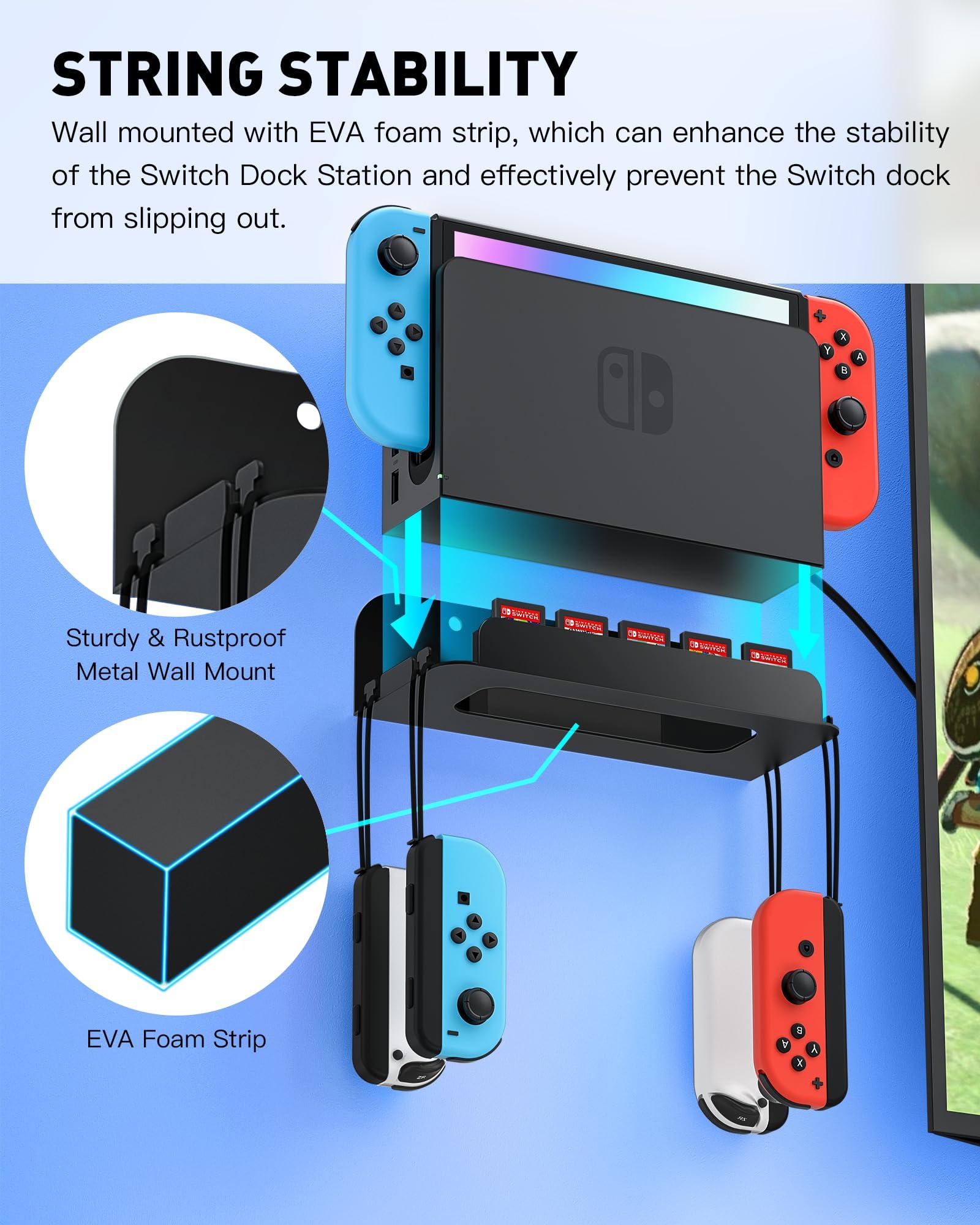 ZAONOOL Wall Mount for Nintendo Switch and Switch OLED, Metal Wall Mount Kit Shelf Accessories with 5 Game Card Holders and 4 Joy Con Brackets, Safely Store Switch Console Near or Behind TV, Black - Image 3