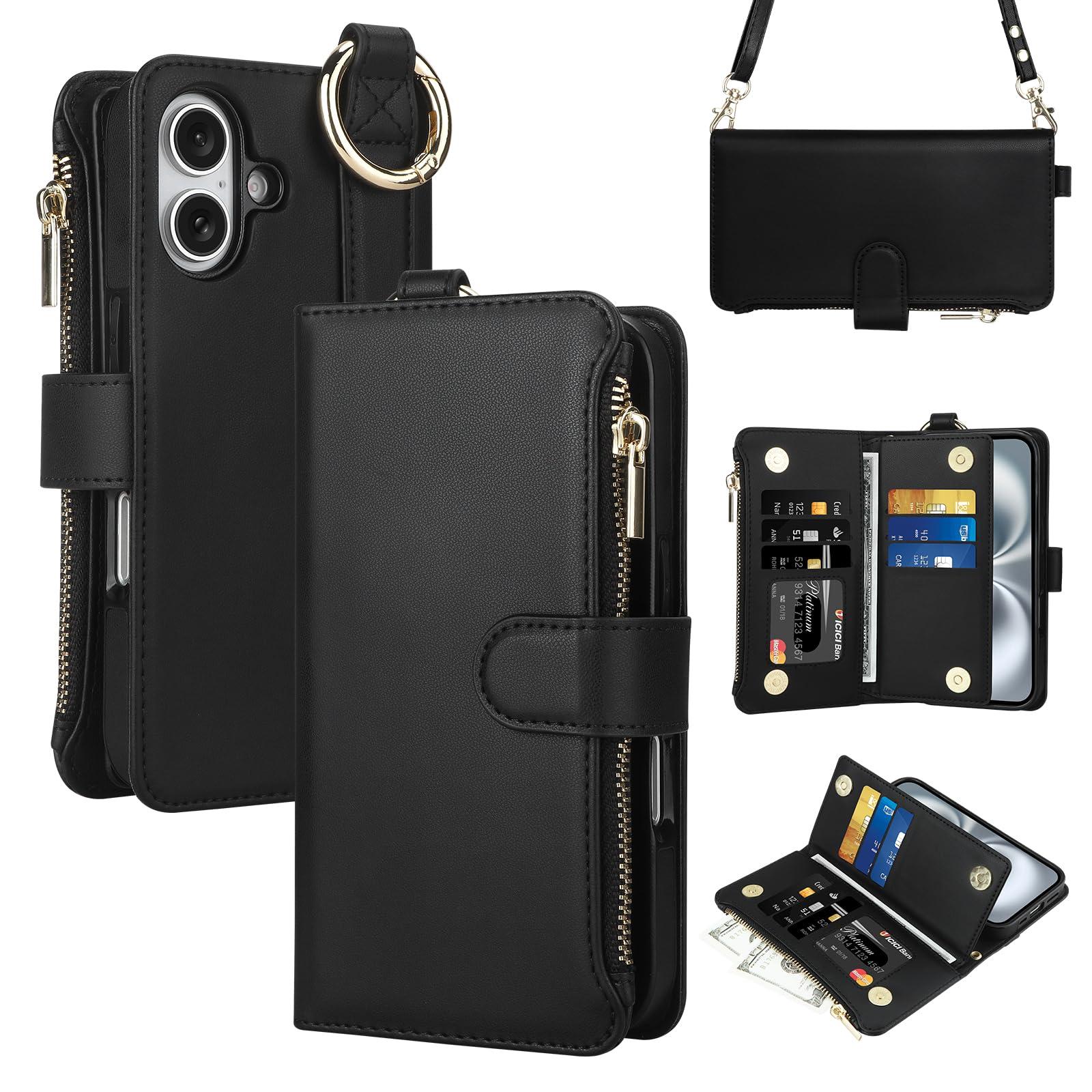 Vofolen for iPhone 16 Case with Card Holder Crossbody Strap Leather Flip Case with Magnetic Clasp Kickstand Zipper Pocket Metal Ring Heavy Duty Protective Wallet Phone Case for Women, Black