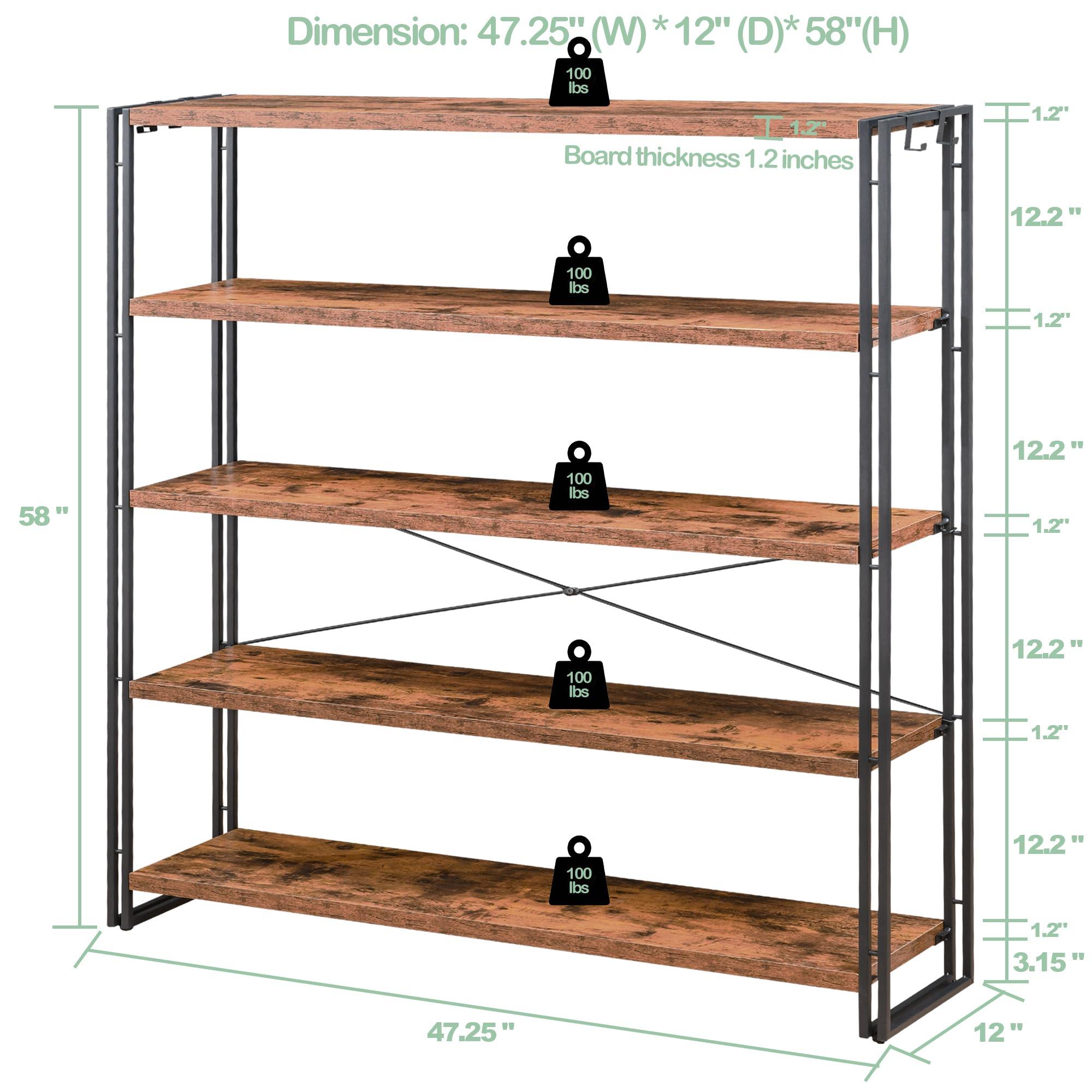 HCHQHS Bookshelf, 5-Tier Industrial Bookcase, Rustic Open Book Shelf, Freestanding Tall Bookshelves with Metal Frame - Image 3