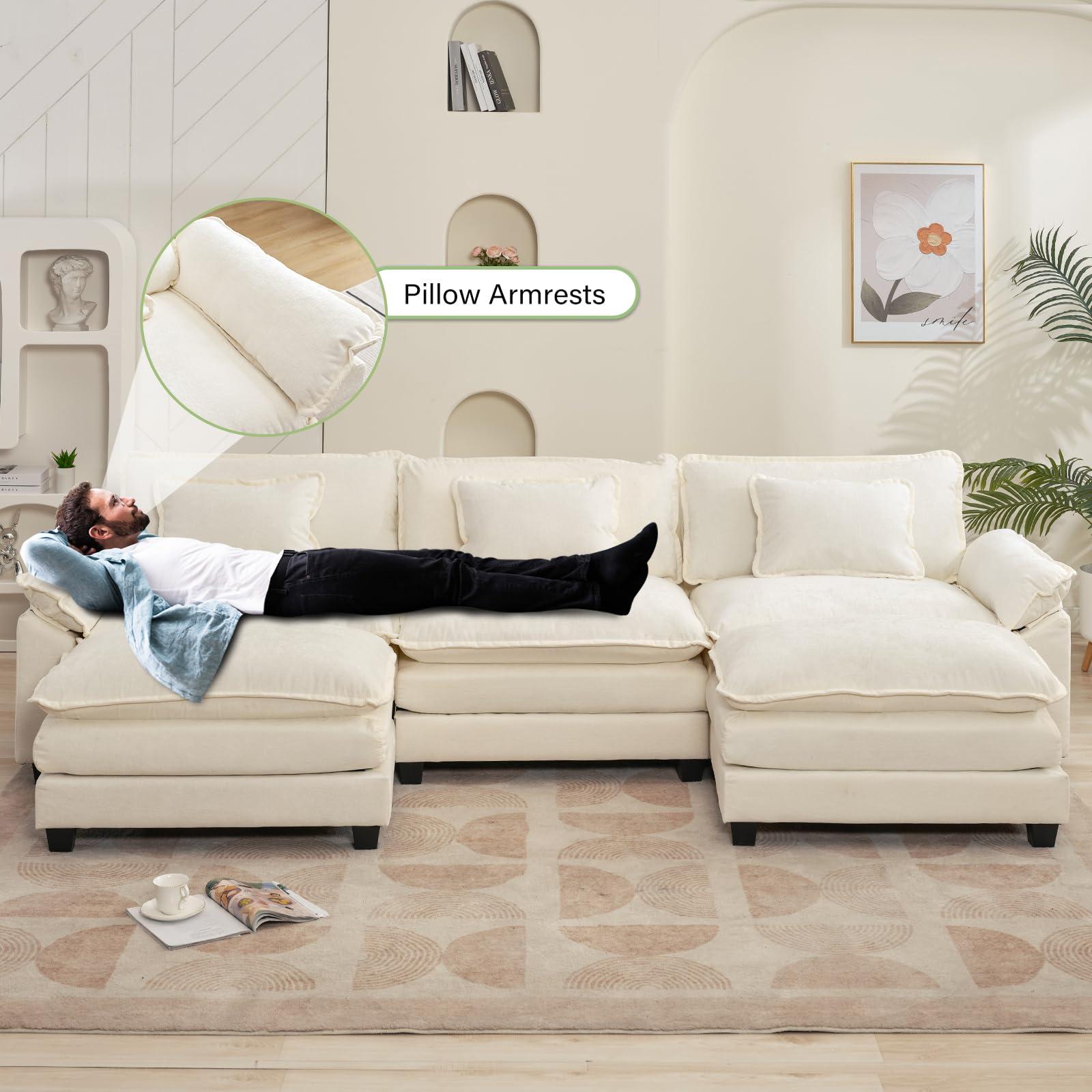 Oprisen 120" Modular Sectional Sofa, Comfy Cloud Couch Sectional Sofa with Ottoman, Chenille Sofa Sleeper Deep Seat Sofa with Throw Pillows for Living Room (Beige White, 120"- U Shape) - Image 5