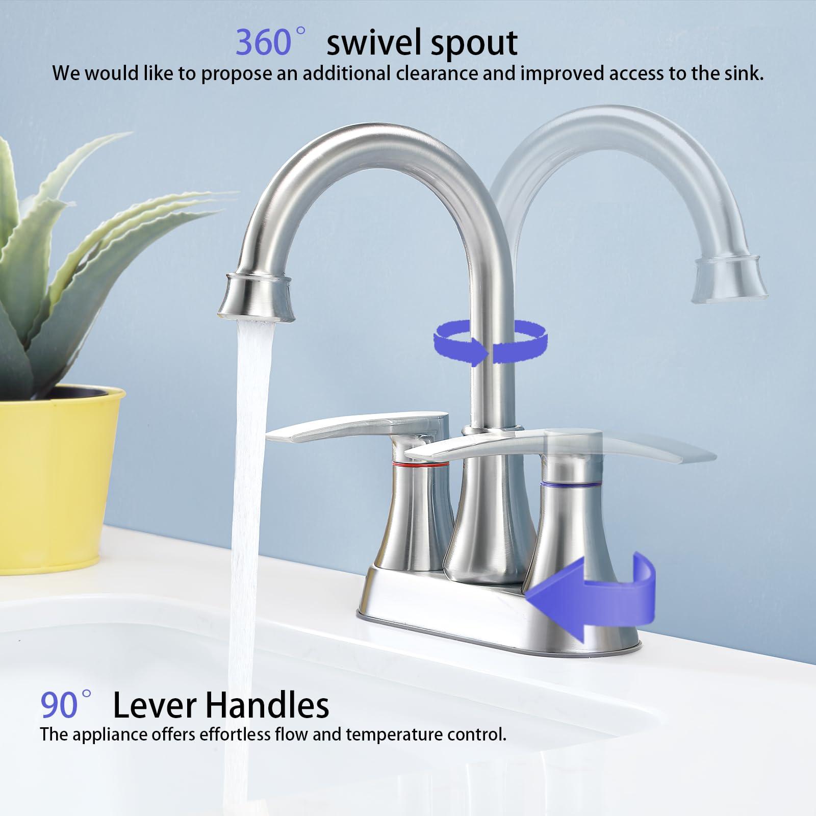 VALISY Brushed Nickel Bathroom Faucet, 2-Handle Lead-Free 360° Swivel High-Arc Spout 4 Inch Centerset Bath Lavatory Vanity Sink Faucets Set for Sinks with Drain & Water Hoses, VABM80008L - Image 5