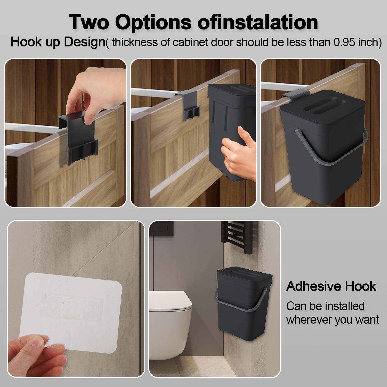 Household Wall Mounted Kitchen Trash Can, Hanging Trash Can with Lid, Kitchen Compost Bin, Multifunctional, Suitable for Bathroom/Bedroom/Office (Black, 3 Liters/0.8 Gallol) - Image 6