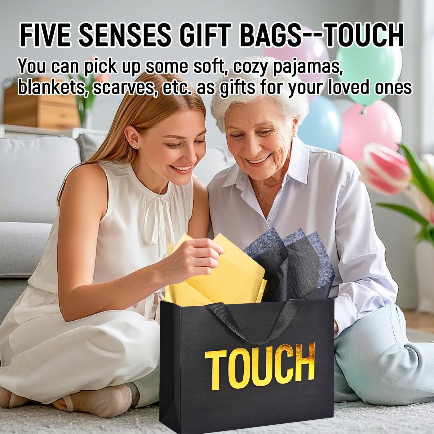 Large 5 Senses Gift Bags for Him Her, Gold Foil Sight Smell Touch Taste Sound Gift Bags,Five Senses Gift Bag for Him with Handles and Tissue Paper for Birthday, Mothers Day, Anniversary, Christmas(12.6 x 8.7 x 4 Inch) - Image 4